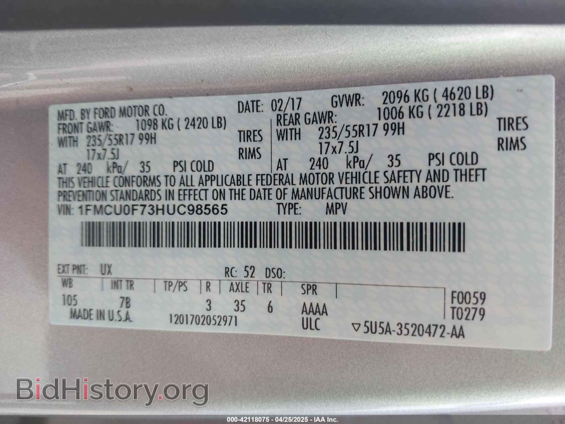 2017 FORD ESCAPE - VIN: 1FMCU0F73HUC98565 - Фото 9