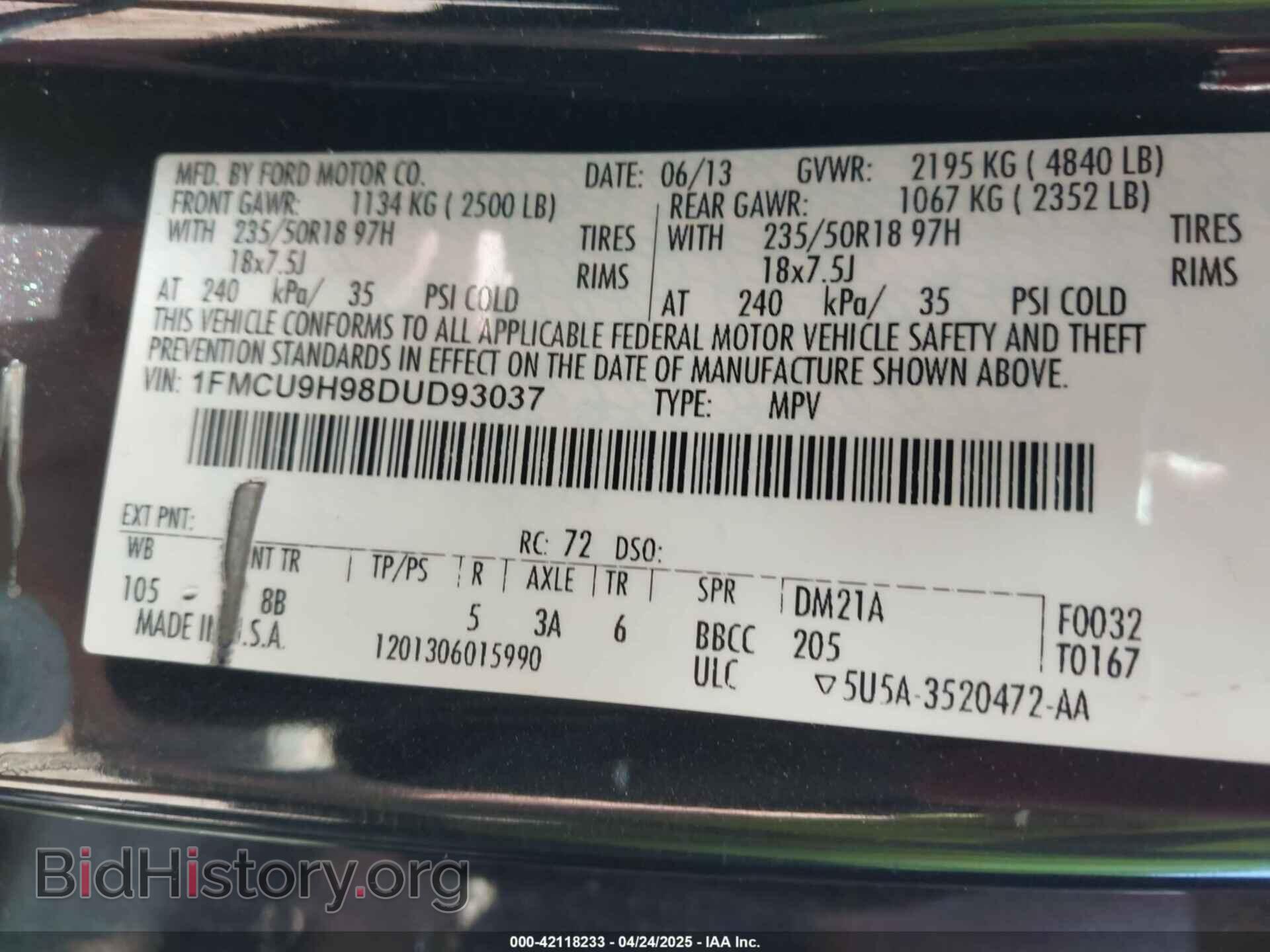 2013 FORD ESCAPE - VIN: 1FMCU9H98DUD93037 - Фото 9