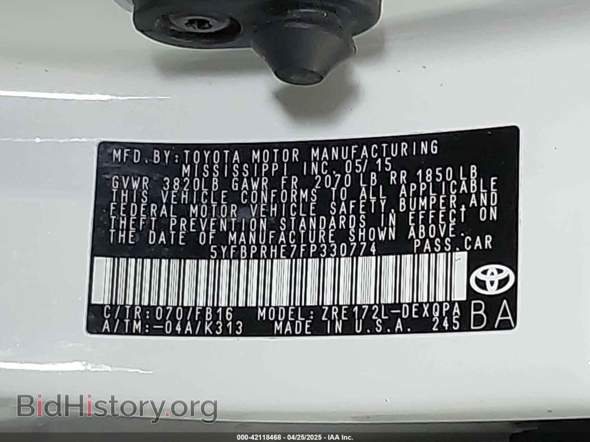 2015 TOYOTA COROLLA - VIN: 5YFBPRHE7FP330774 - Фото 9