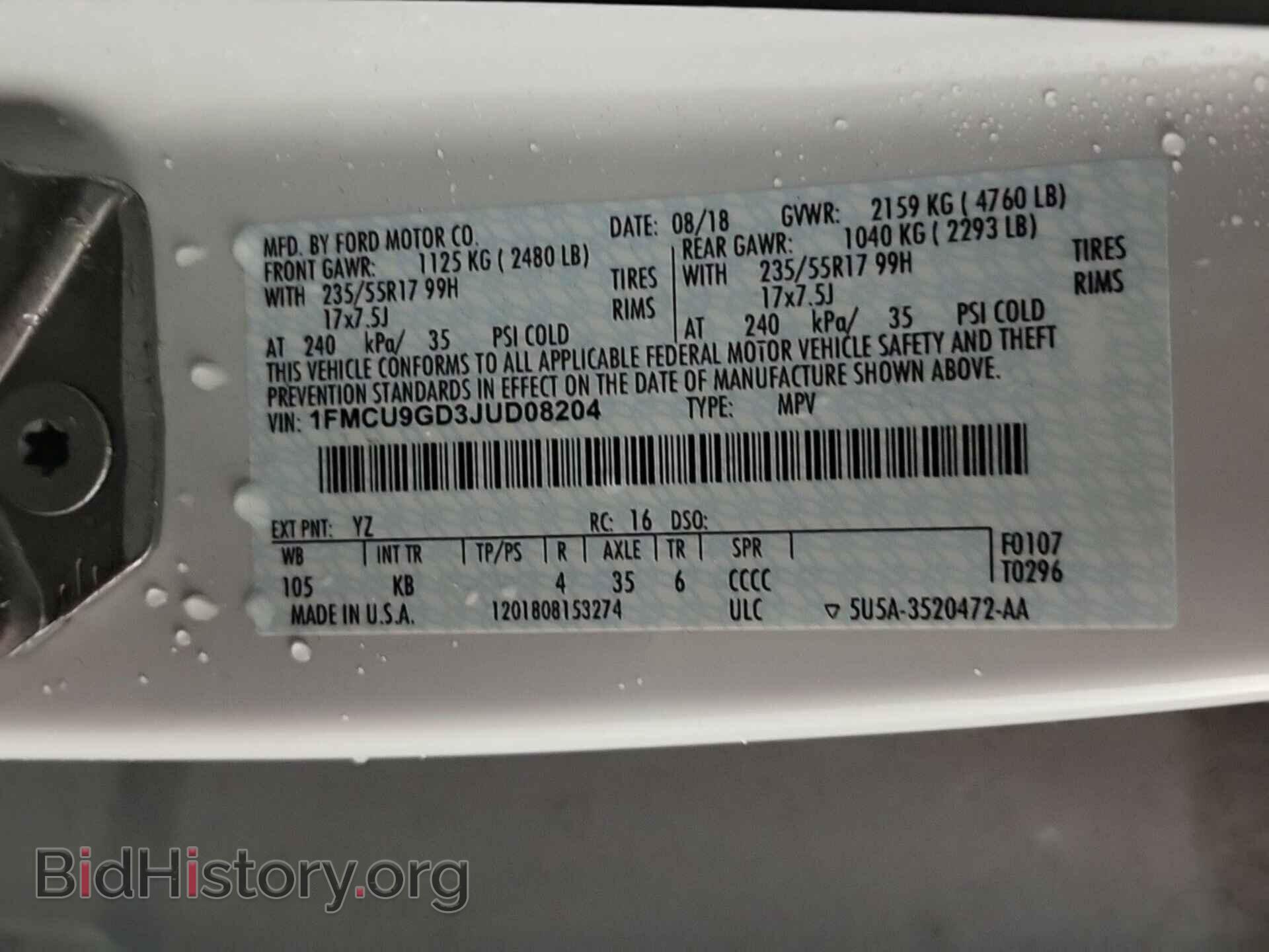 2018 FORD ESCAPE - VIN: 1FMCU9GD3JUD08204 - Фото 2