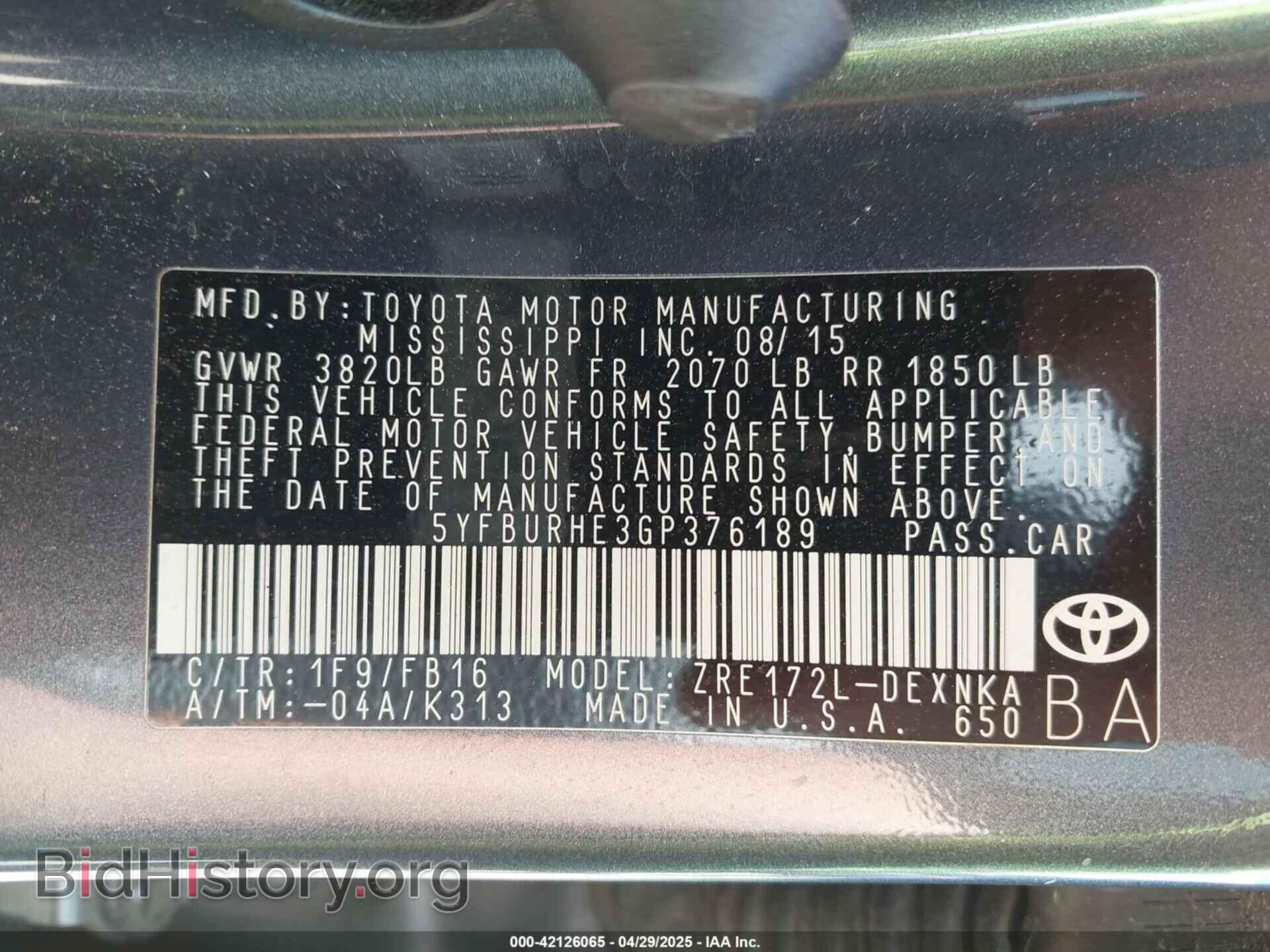2016 TOYOTA COROLLA - VIN: 5YFBURHE3GP376189 - Фото 9