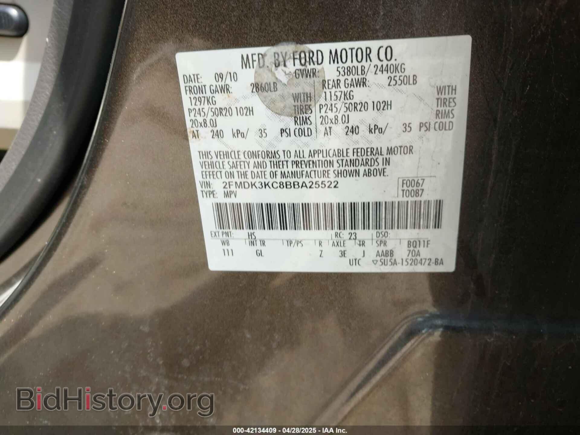 2011 FORD EDGE - VIN: 2FMDK3KC8BBA25522 - Фото 9