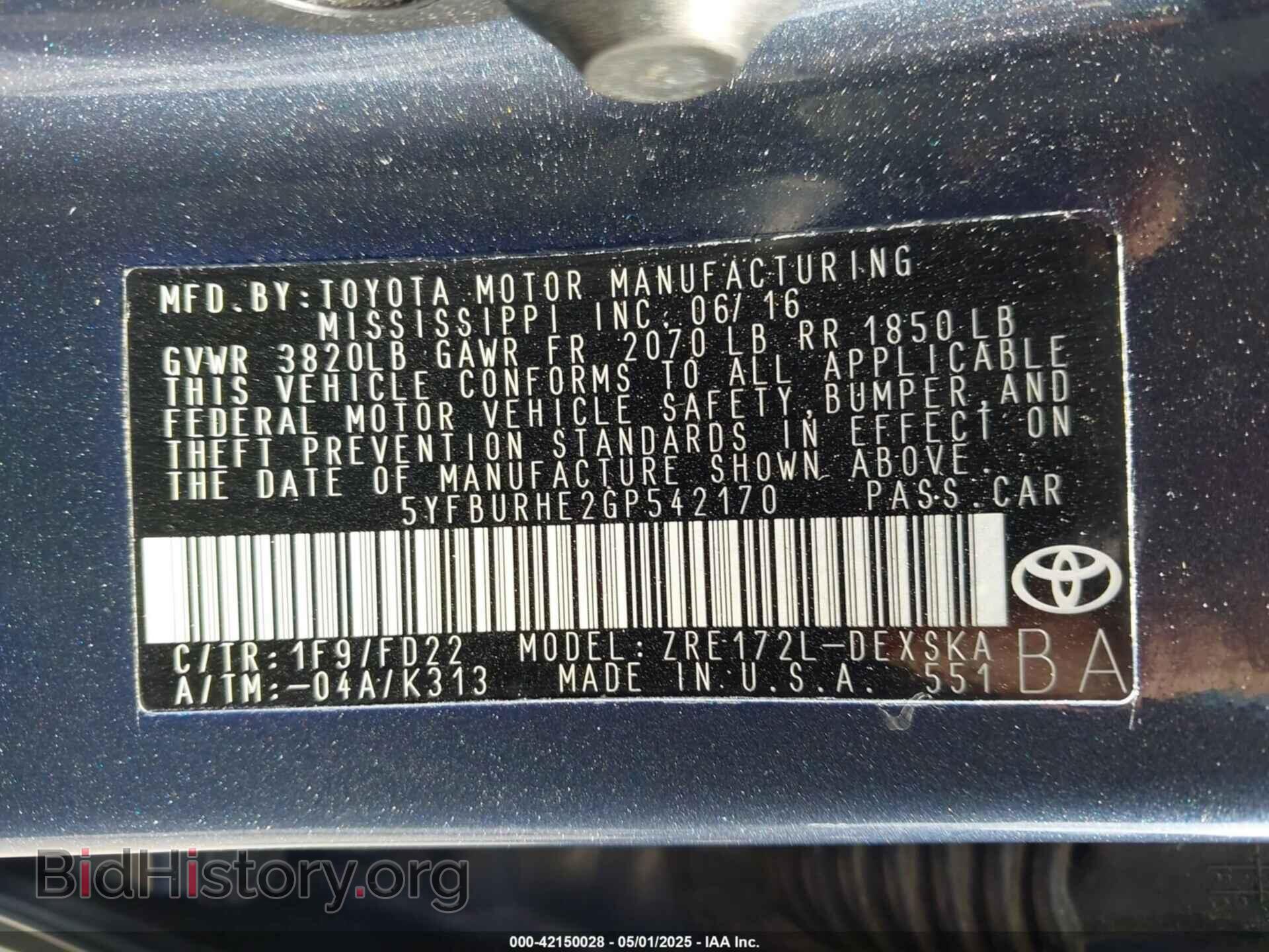 2016 TOYOTA COROLLA - VIN: 5YFBURHE2GP542170 - Фото 9