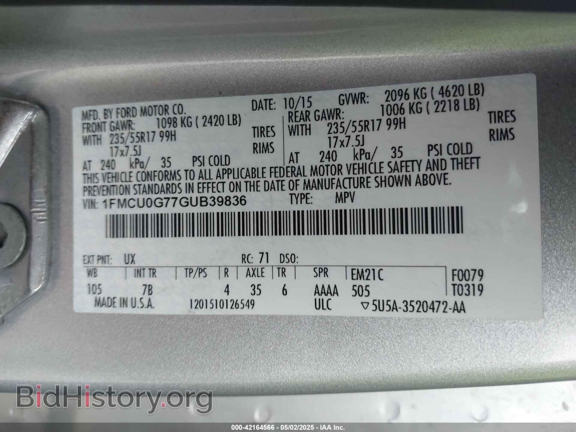 2016 FORD ESCAPE - VIN: 1FMCU0G77GUB39836 - Фото 9