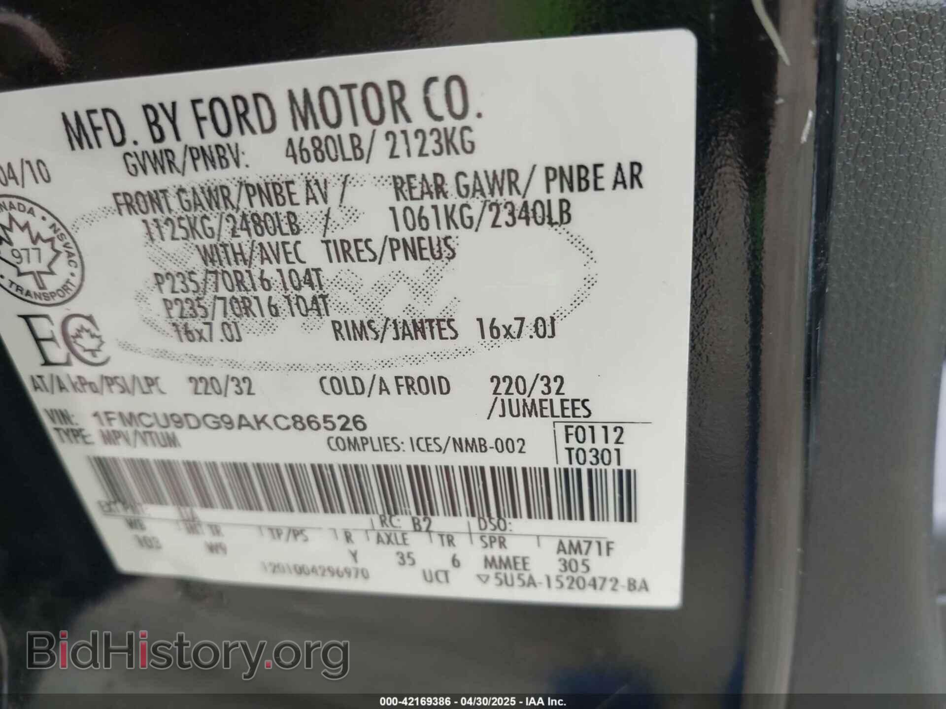 2010 FORD ESCAPE - VIN: 1FMCU9DG9AKC86526 - Фото 9