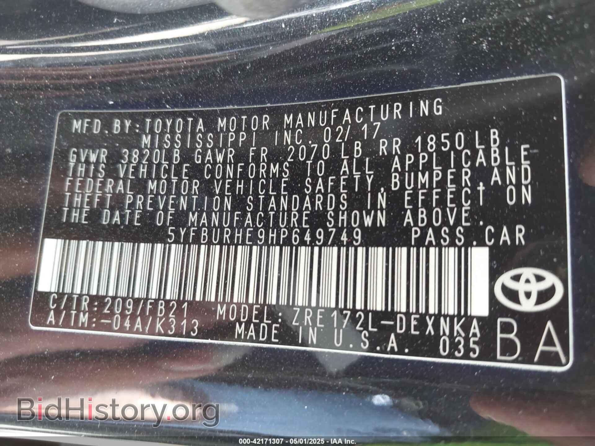 2017 TOYOTA COROLLA - VIN: 5YFBURHE9HP649749 - Фото 9