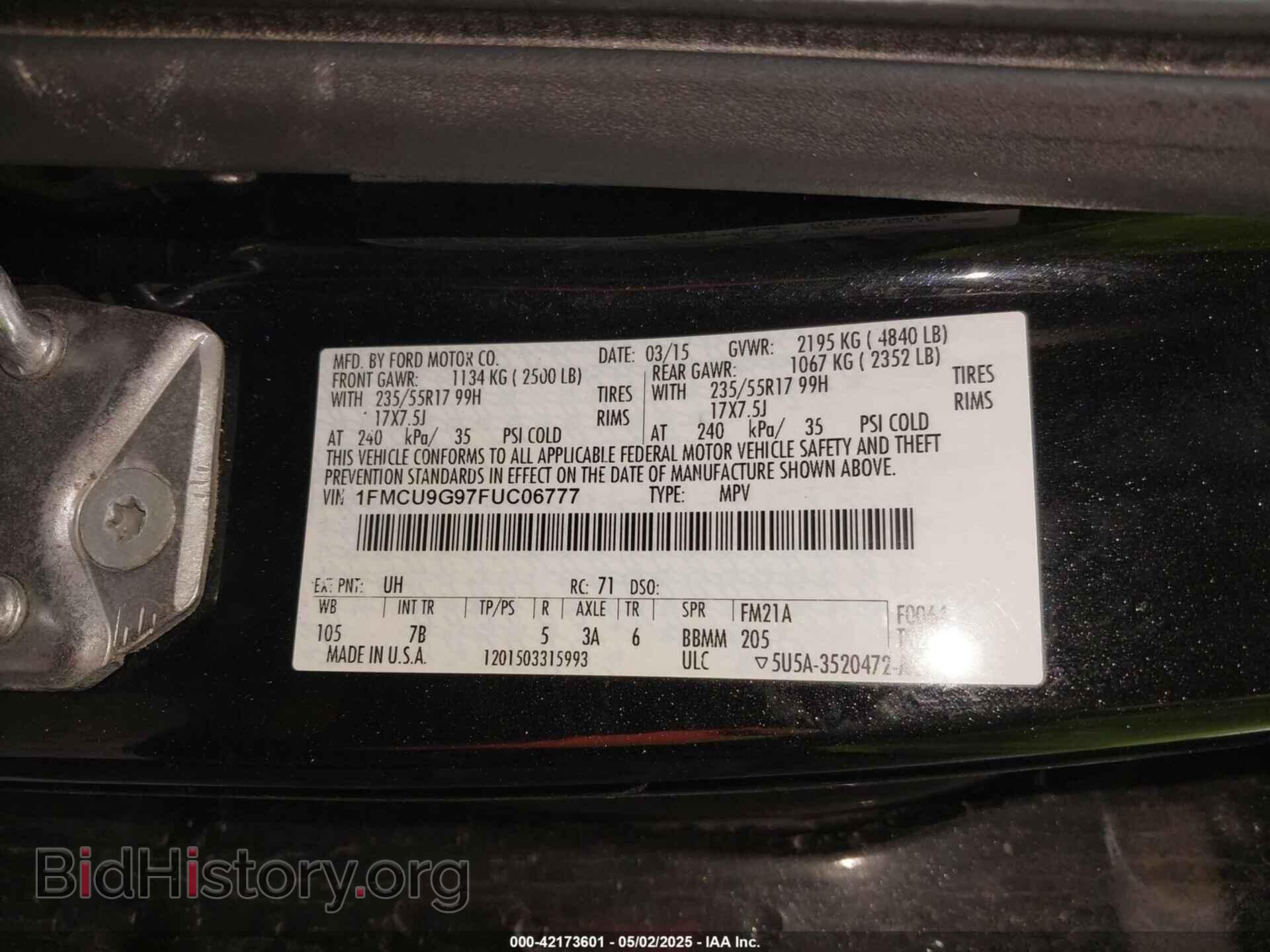 2015 FORD ESCAPE - VIN: 1FMCU9G97FUC06777 - Фото 9