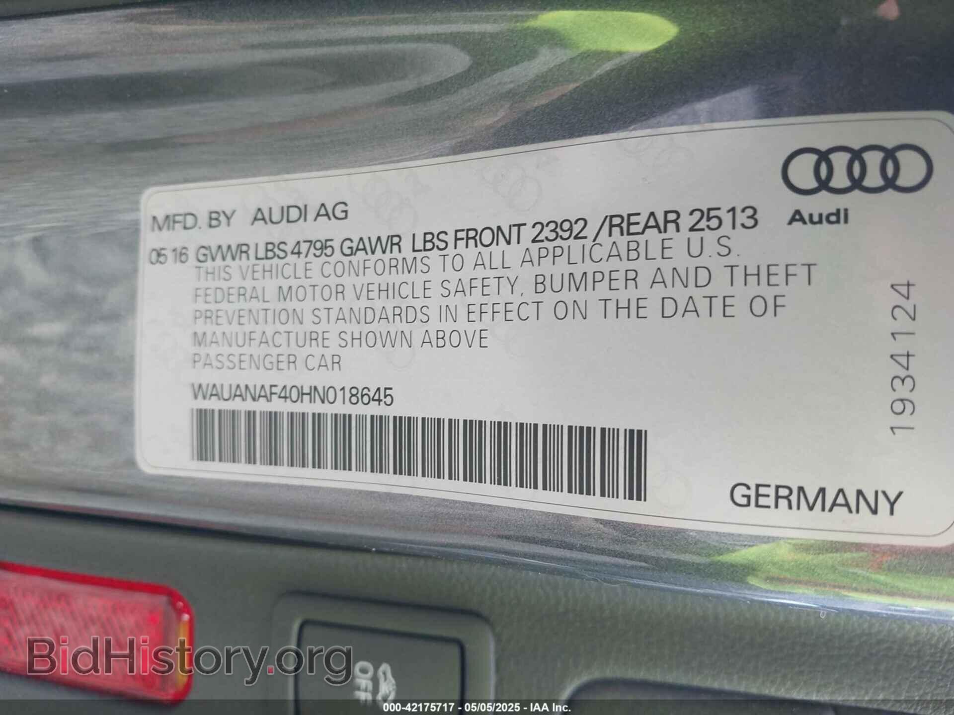2017 AUDI A4 - VIN: WAUANAF40HN018645 - Фото 9