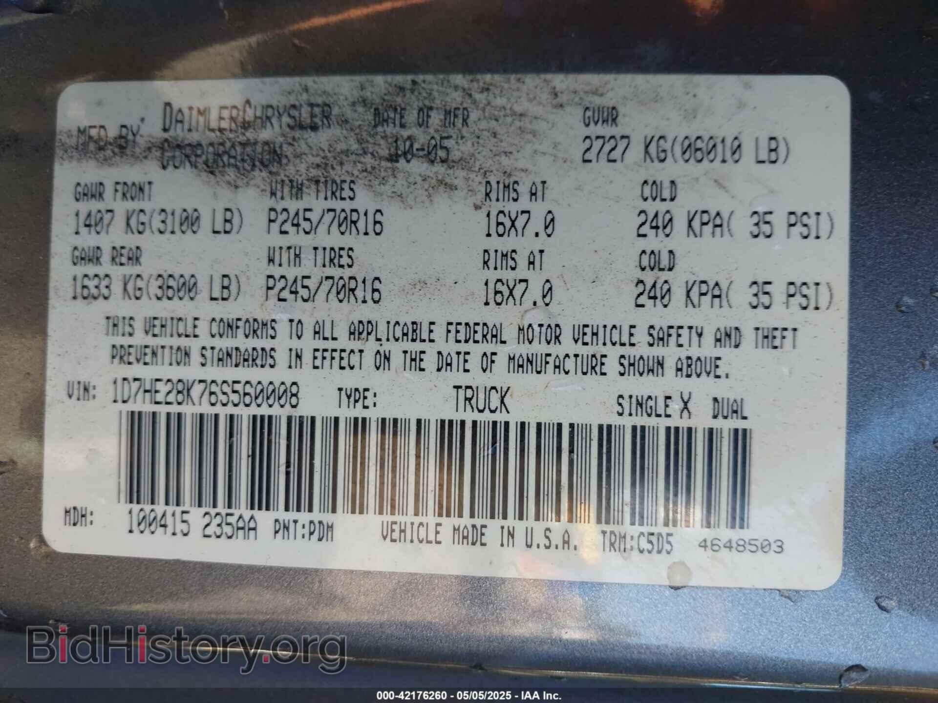 2006 DODGE DAKOTA - VIN: 1D7HE28K76S560008 - Фото 9
