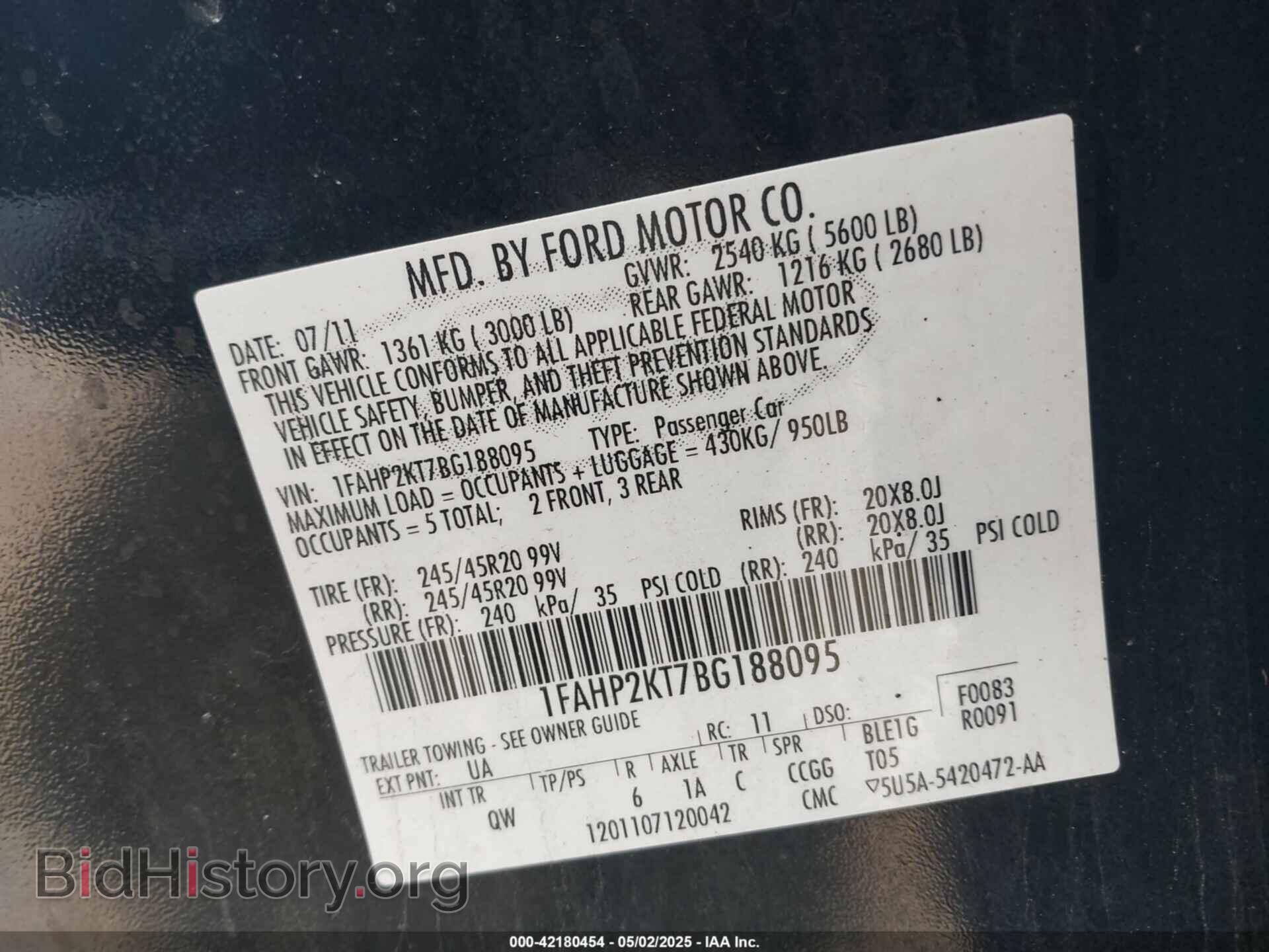 2011 FORD TAURUS - VIN: 1FAHP2KT7BG188095 - Фото 9