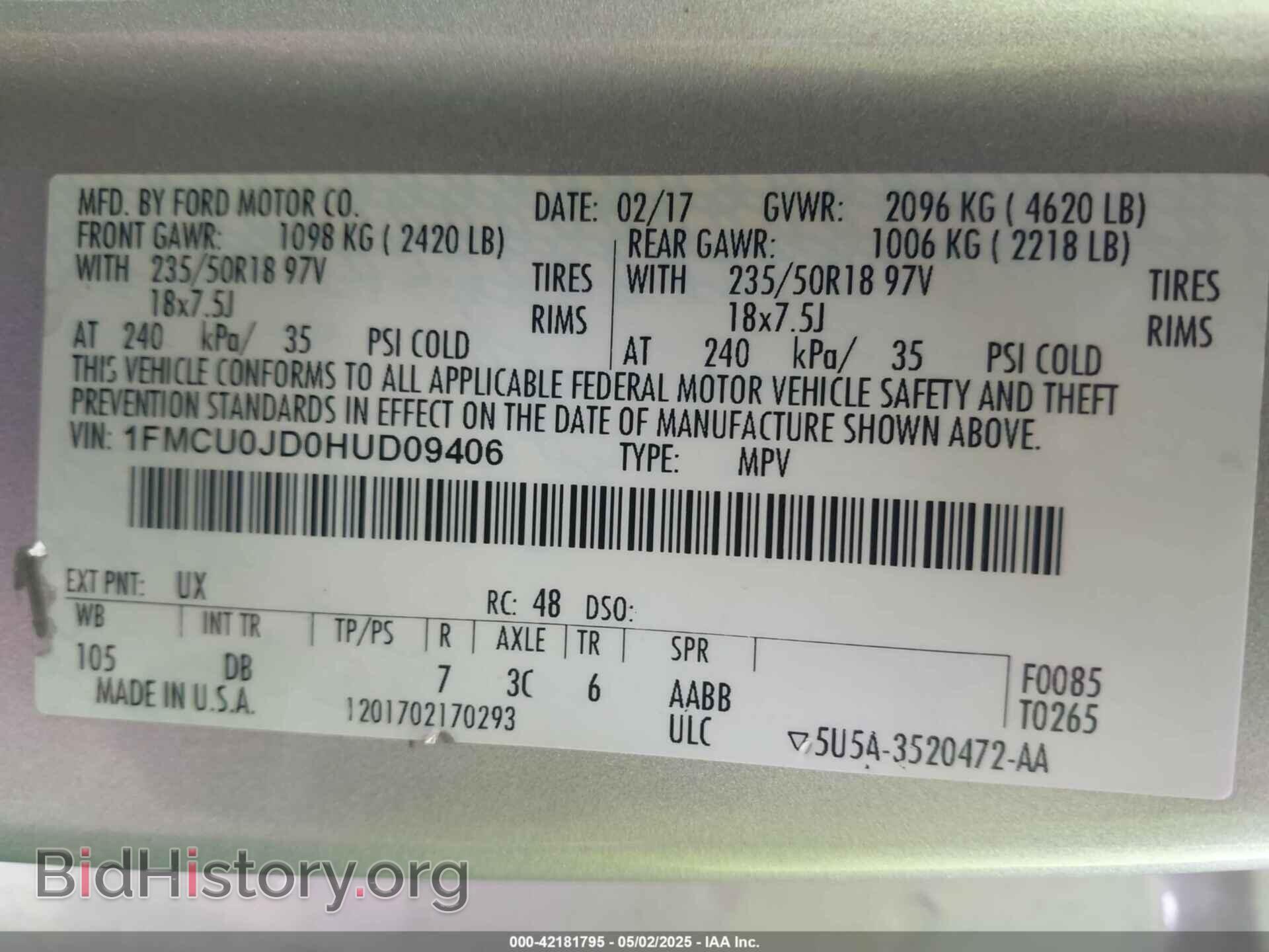2017 FORD ESCAPE - VIN: 1FMCU0JD0HUD09406 - Фото 9