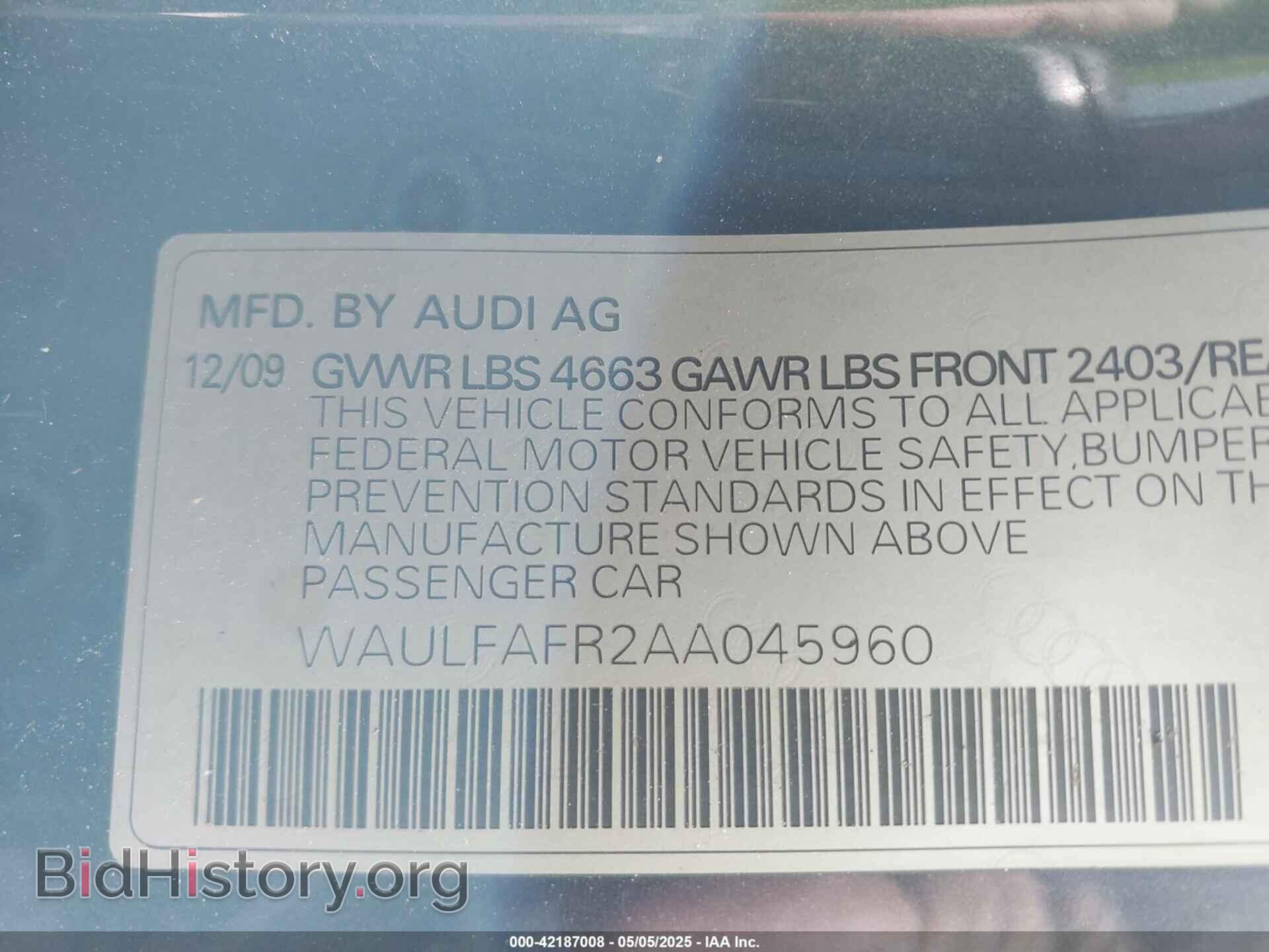 2010 AUDI A5 - VIN: WAULFAFR2AA045960 - Фото 9