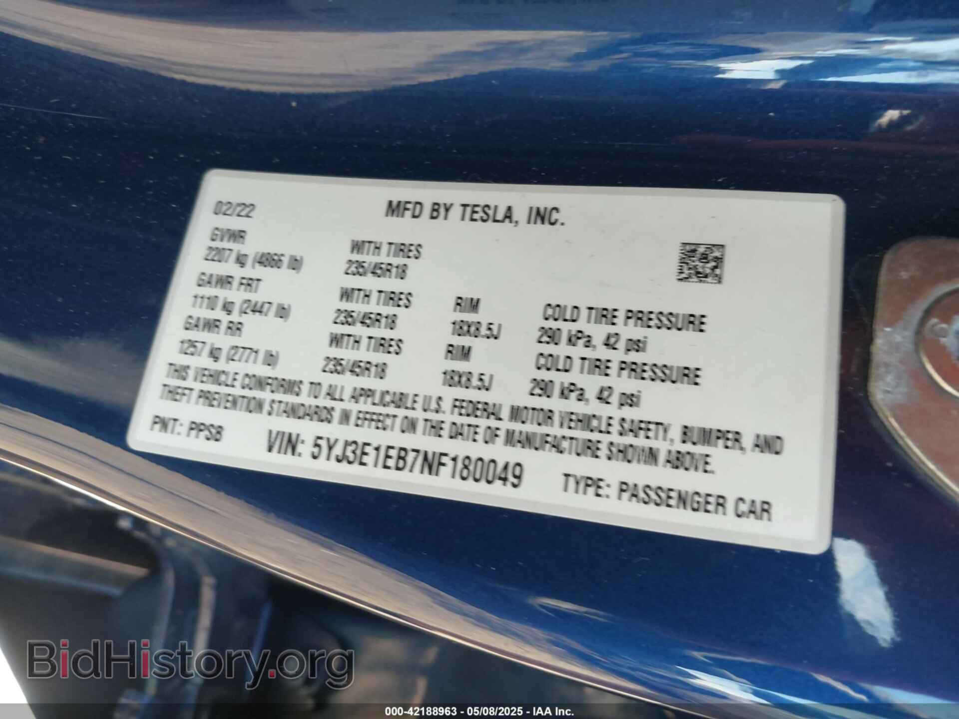 2022 TESLA MODEL 3 - VIN: 5YJ3E1EB7NF180049 - Фото 9