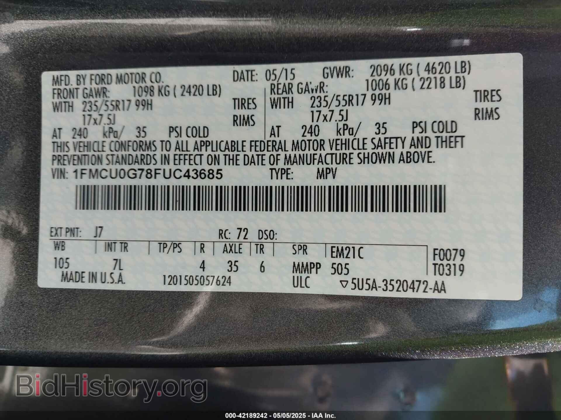 2015 FORD ESCAPE - VIN: 1FMCU0G78FUC43685 - Фото 9
