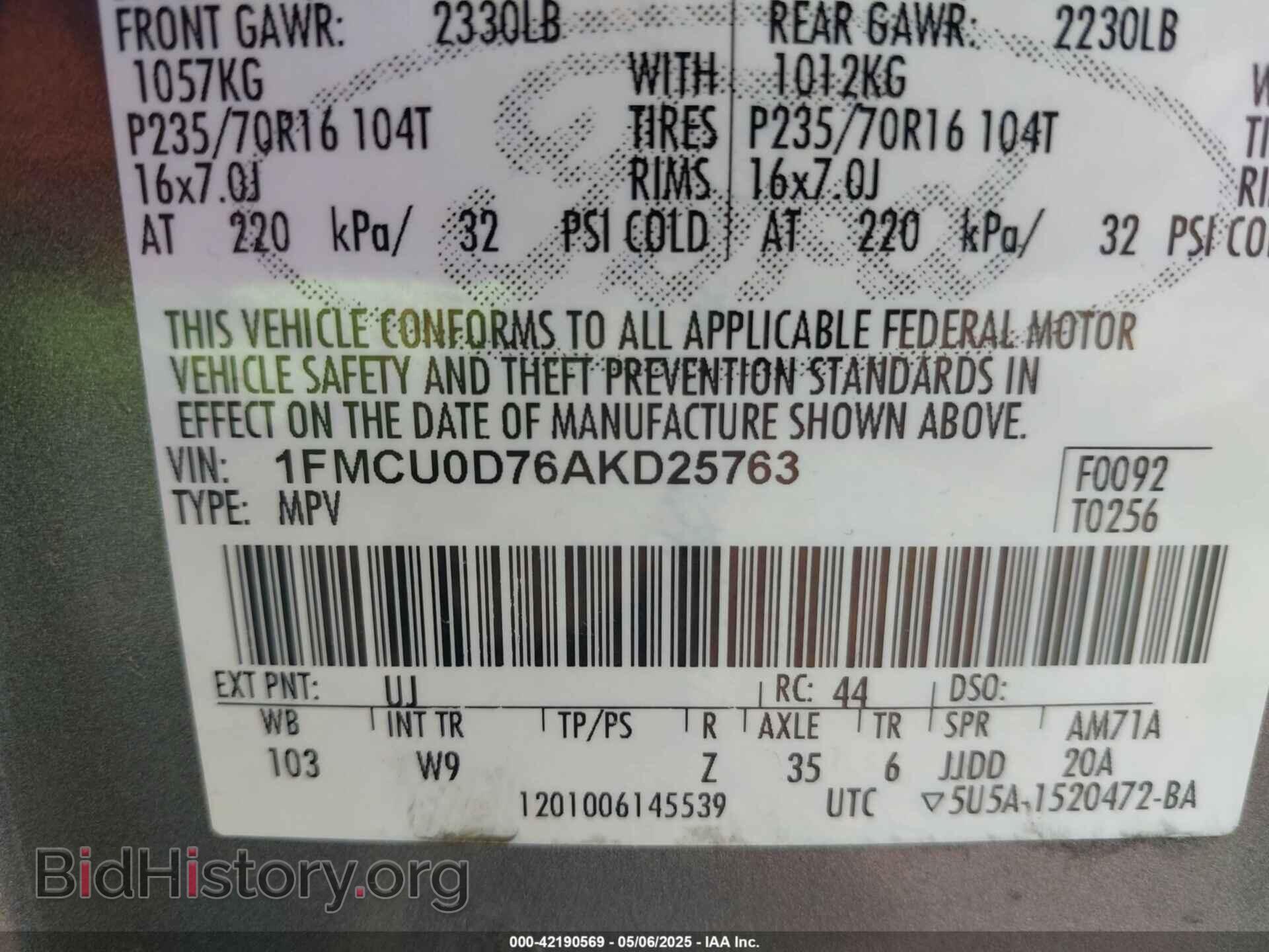 2010 FORD ESCAPE - VIN: 1FMCU0D76AKD25763 - Фото 9