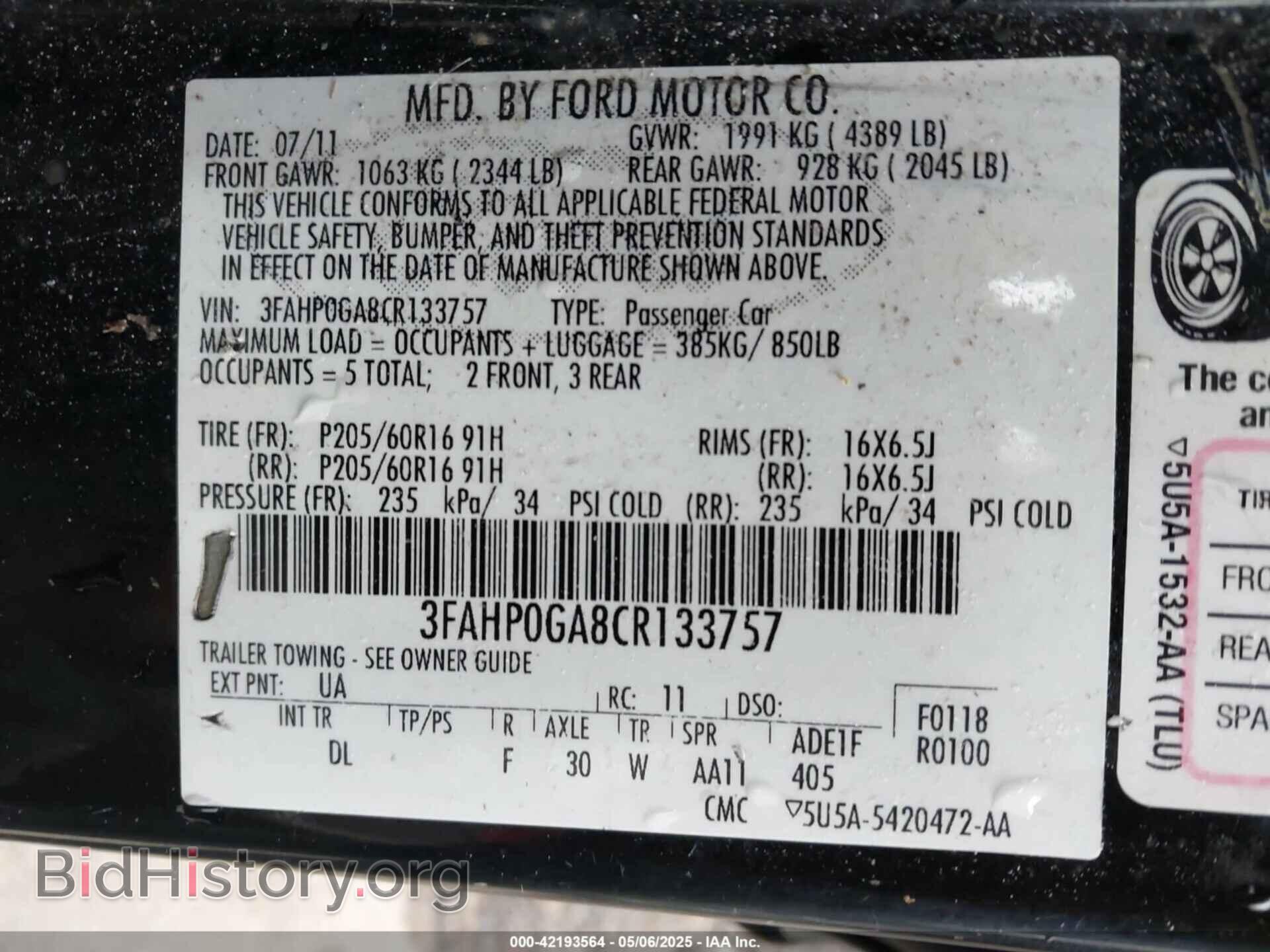 2012 FORD FUSION - VIN: 3FAHP0GA8CR133757 - Фото 9