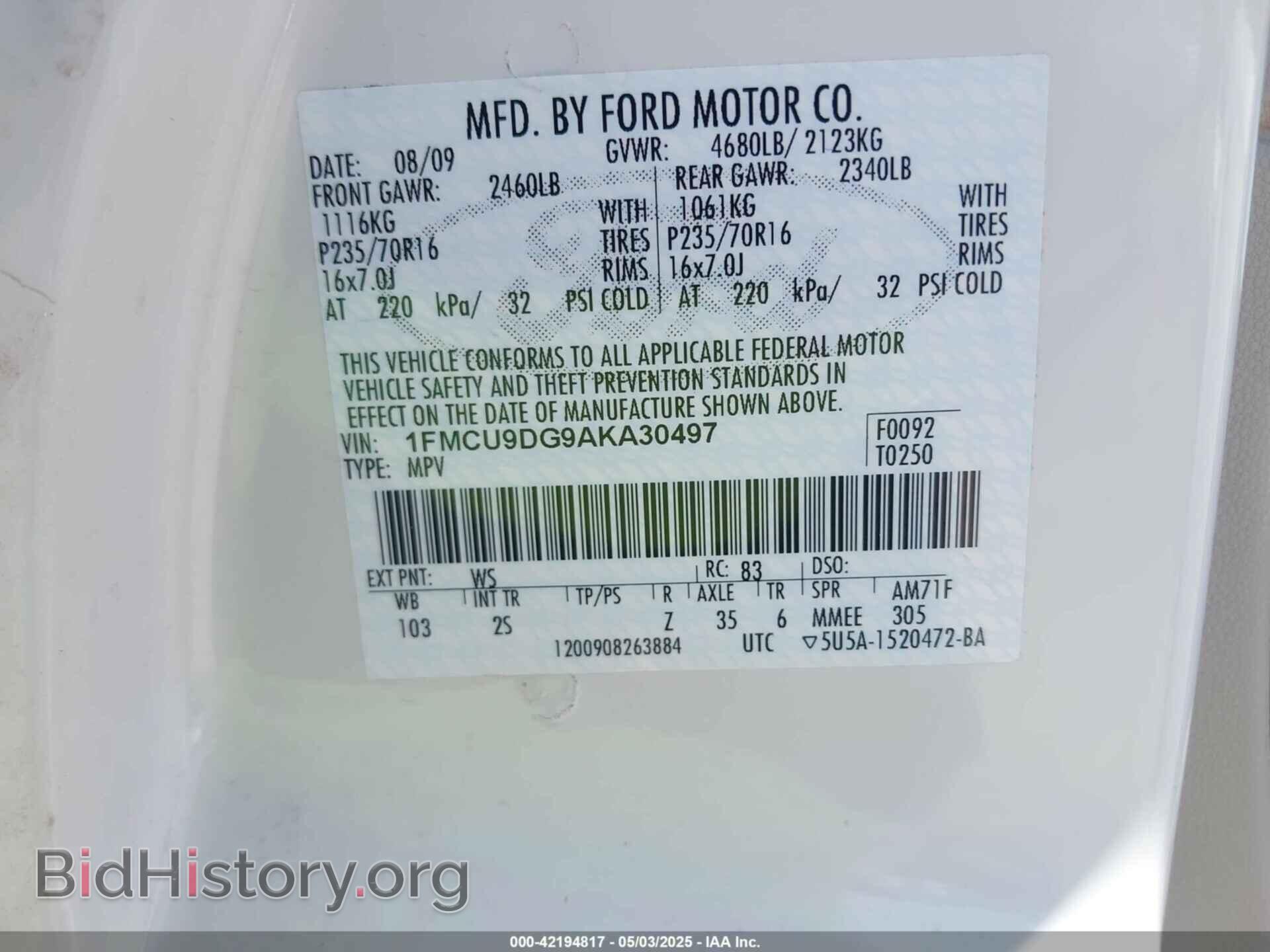 2010 FORD ESCAPE - VIN: 1FMCU9DG9AKA30497 - Фото 9