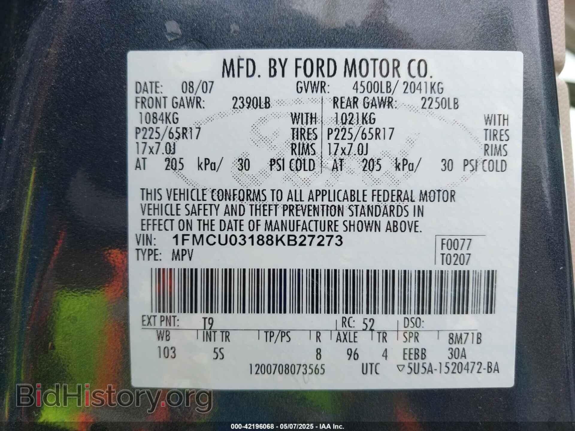 2008 FORD ESCAPE - VIN: 1FMCU03188KB27273 - Фото 9
