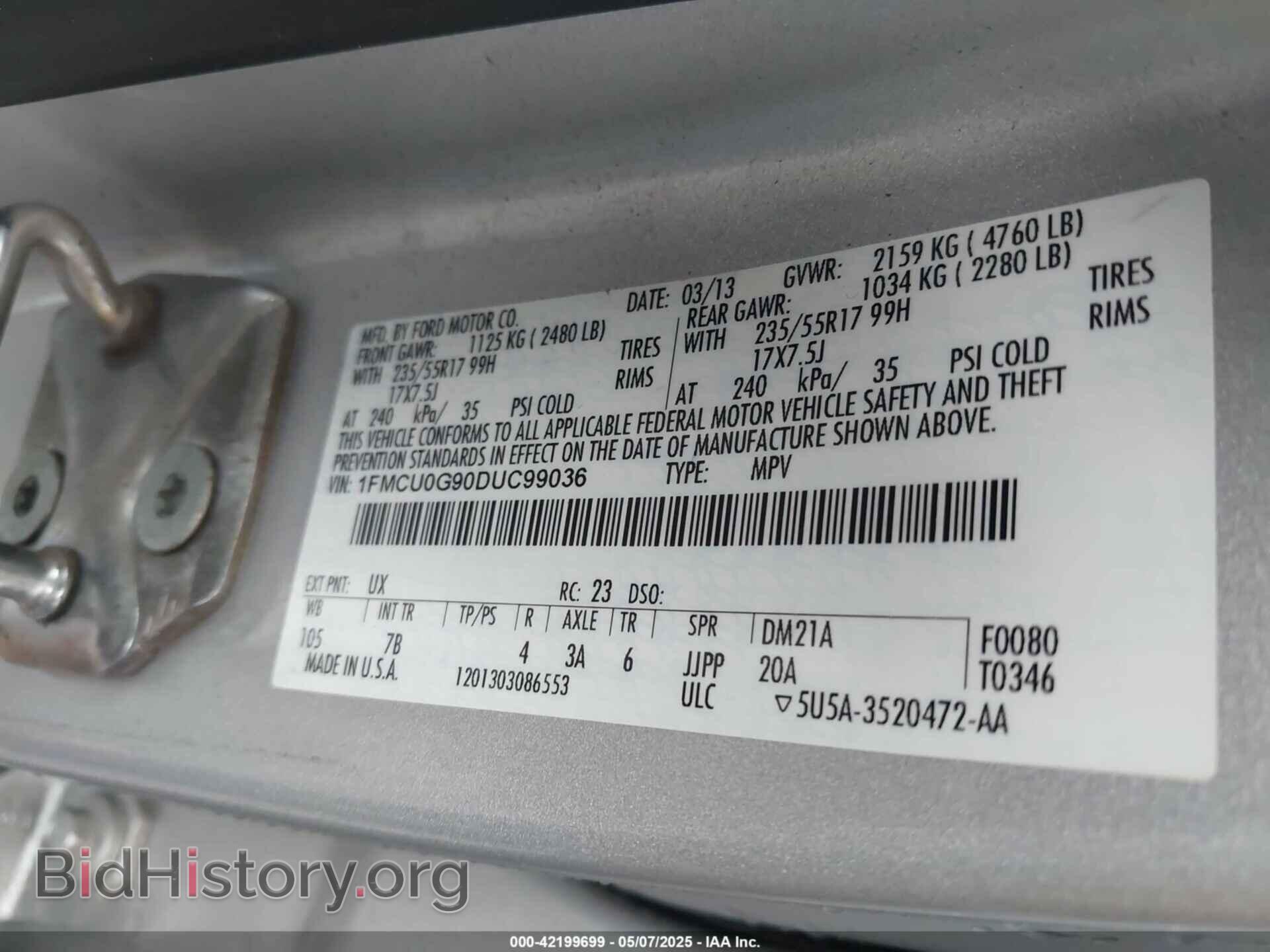 2013 FORD ESCAPE - VIN: 1FMCU0G90DUC99036 - Фото 9