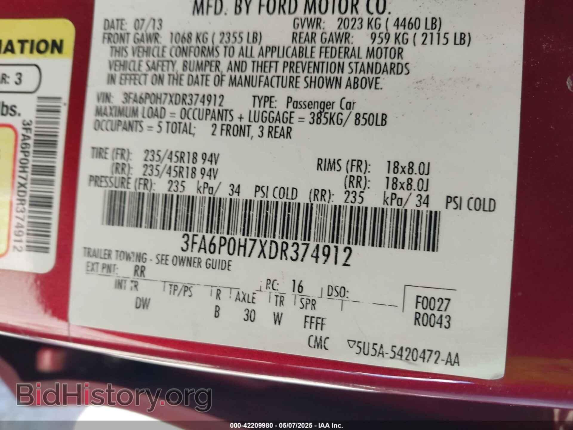 2013 FORD FUSION - VIN: 3FA6P0H7XDR374912 - Фото 9