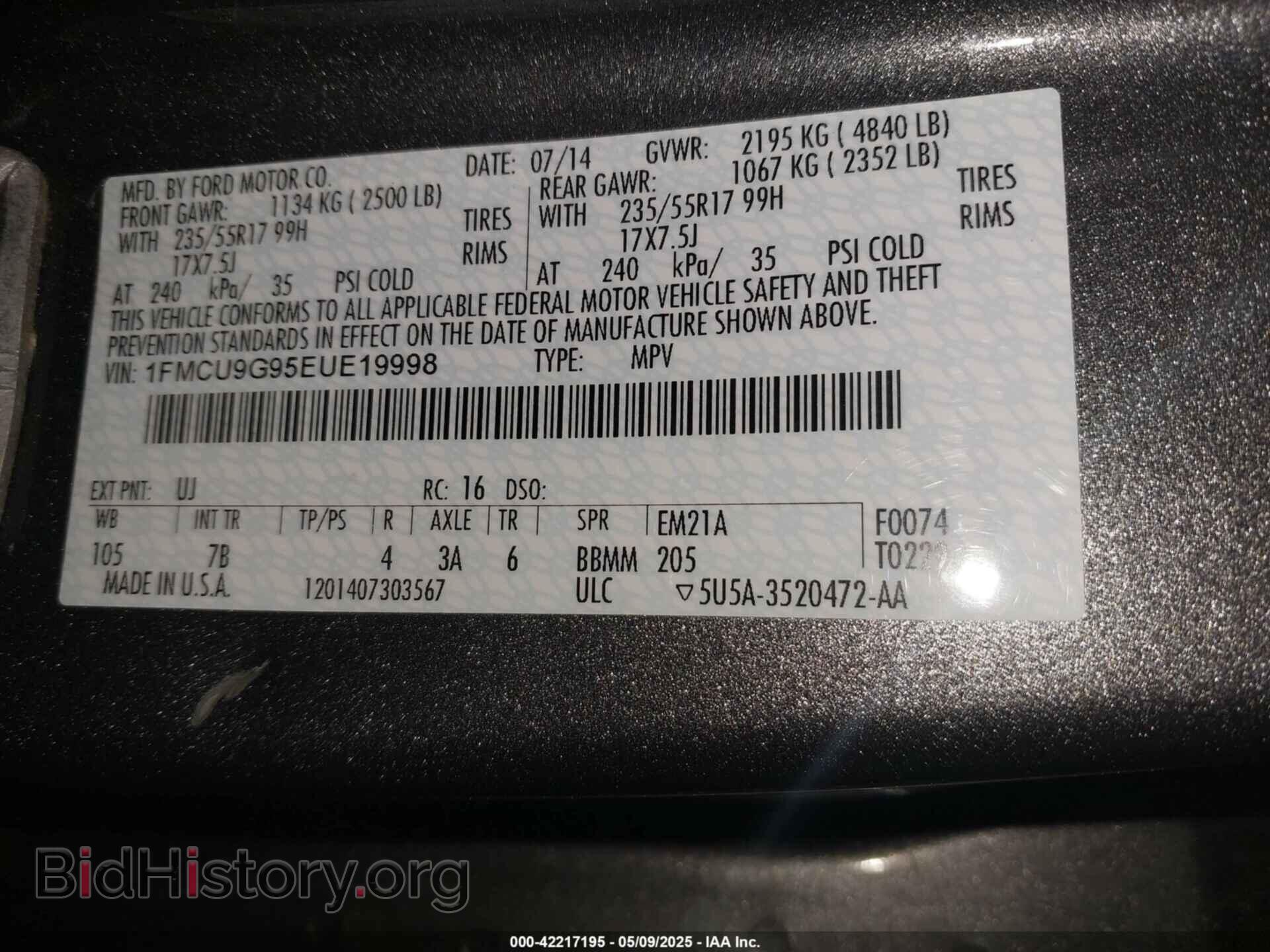 2014 FORD ESCAPE - VIN: 1FMCU9G95EUE19998 - Photo 9