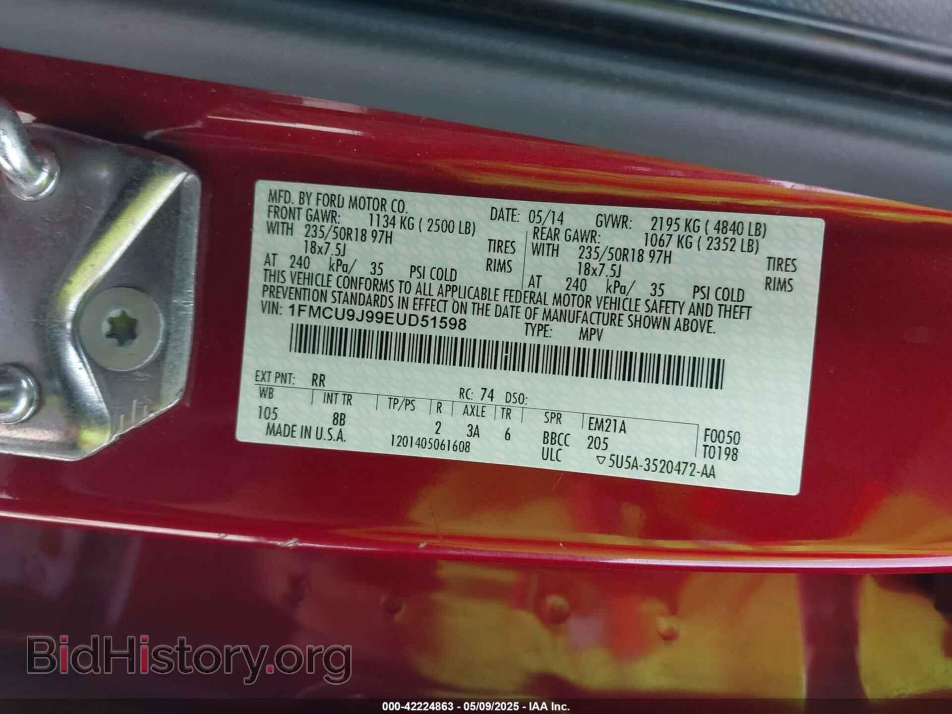 2014 FORD ESCAPE - VIN: 1FMCU9J99EUD51598 - Фото 9
