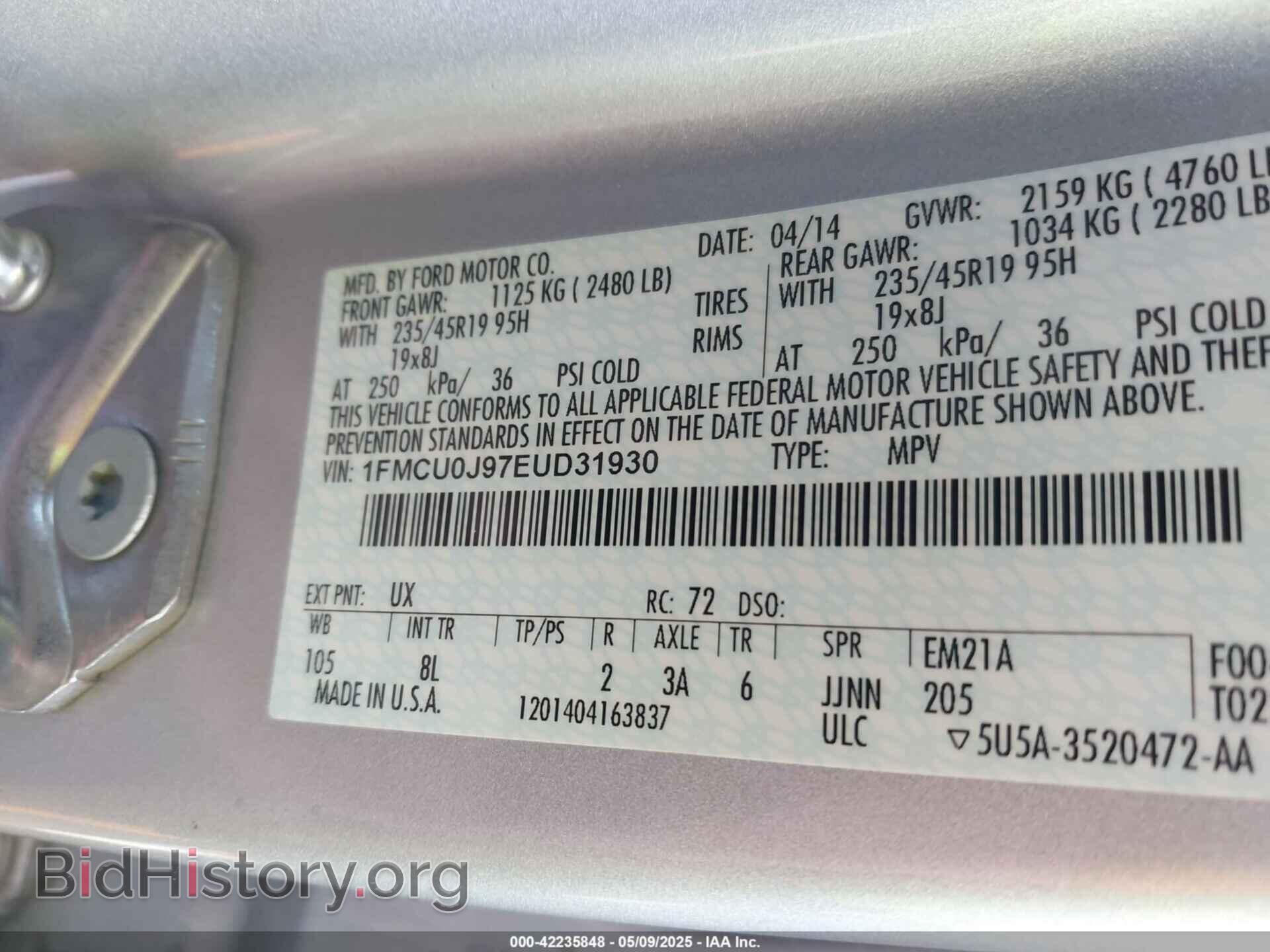 2014 FORD ESCAPE - VIN: 1FMCU0J97EUD31930 - Фото 9