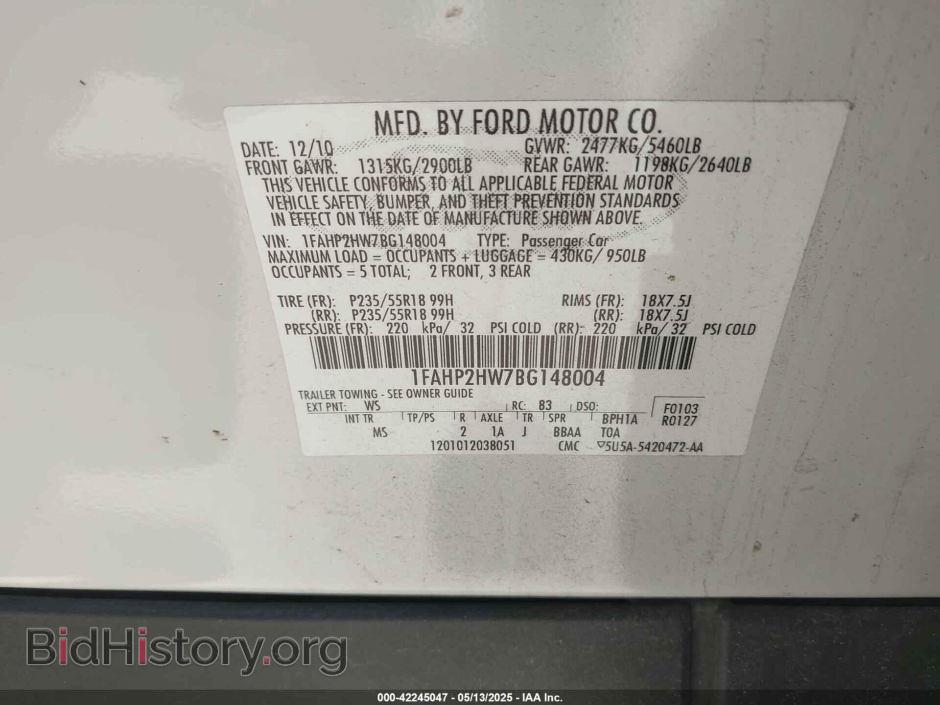 2011 FORD TAURUS - VIN: 1FAHP2HW7BG148004 - Photo 9