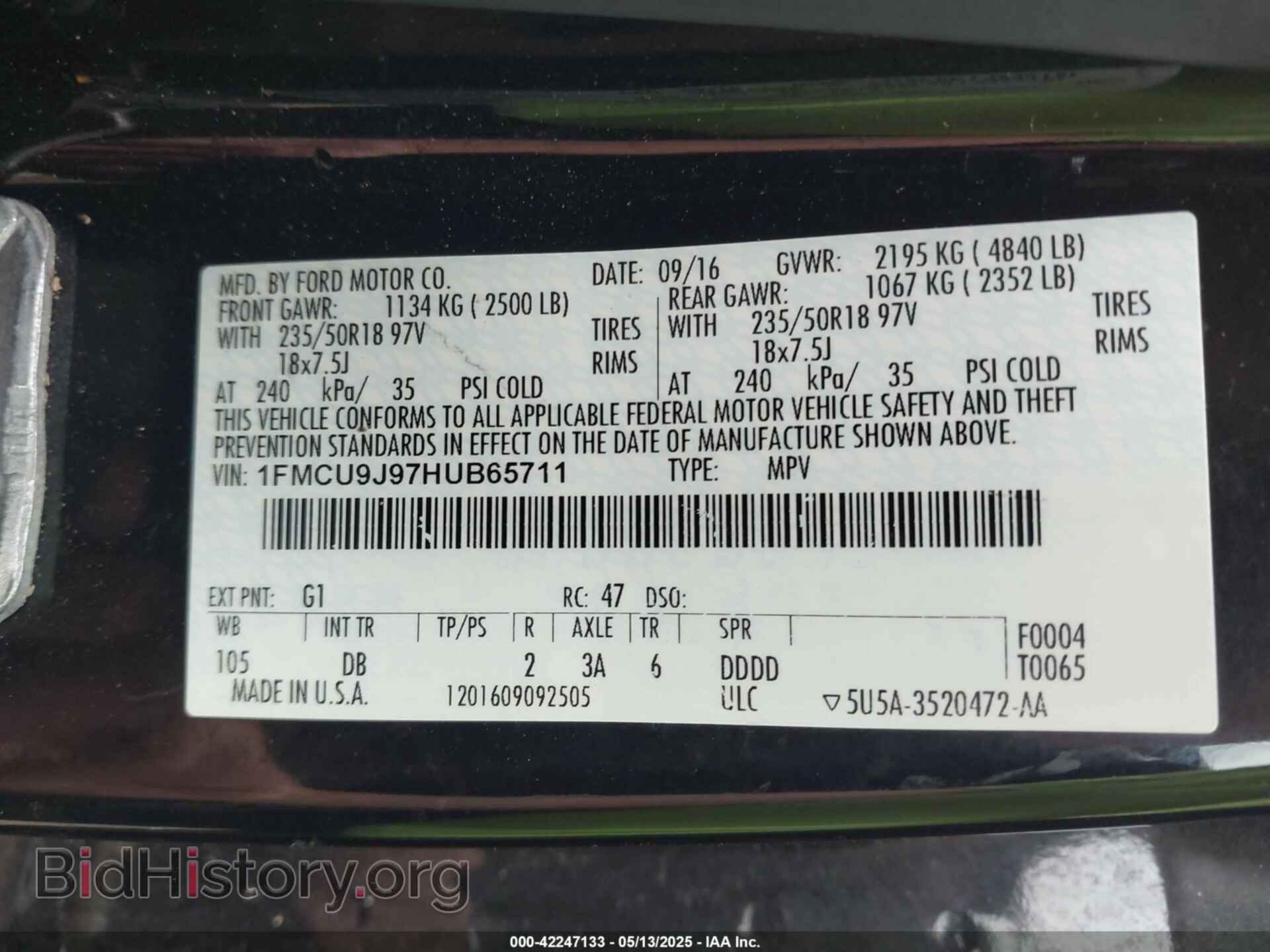 2017 FORD ESCAPE - VIN: 1FMCU9J97HUB65711 - Фото 9