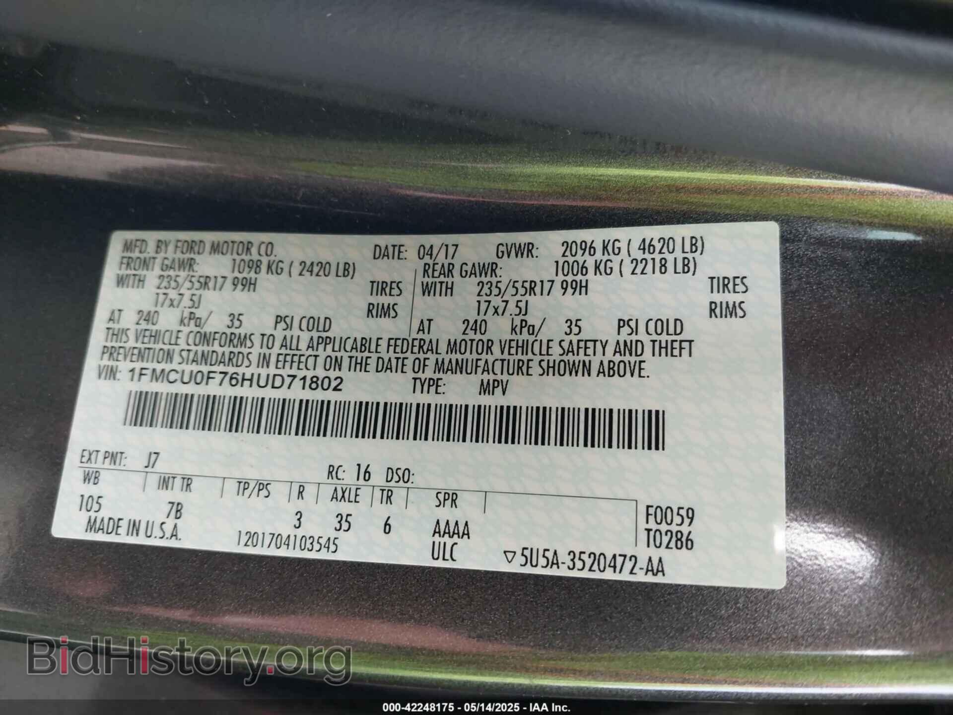 2017 FORD ESCAPE - VIN: 1FMCU0F76HUD71802 - Фото 9
