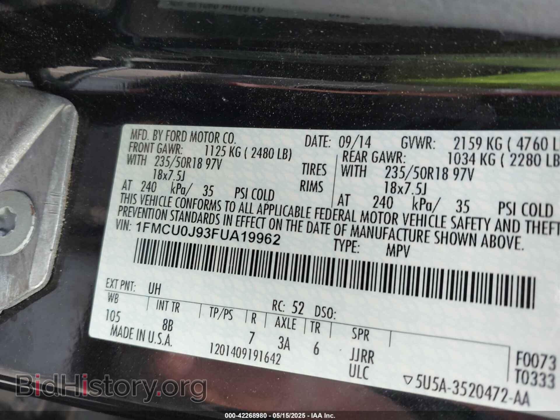 2015 FORD ESCAPE - VIN: 1FMCU0J93FUA19962 - Фото 9