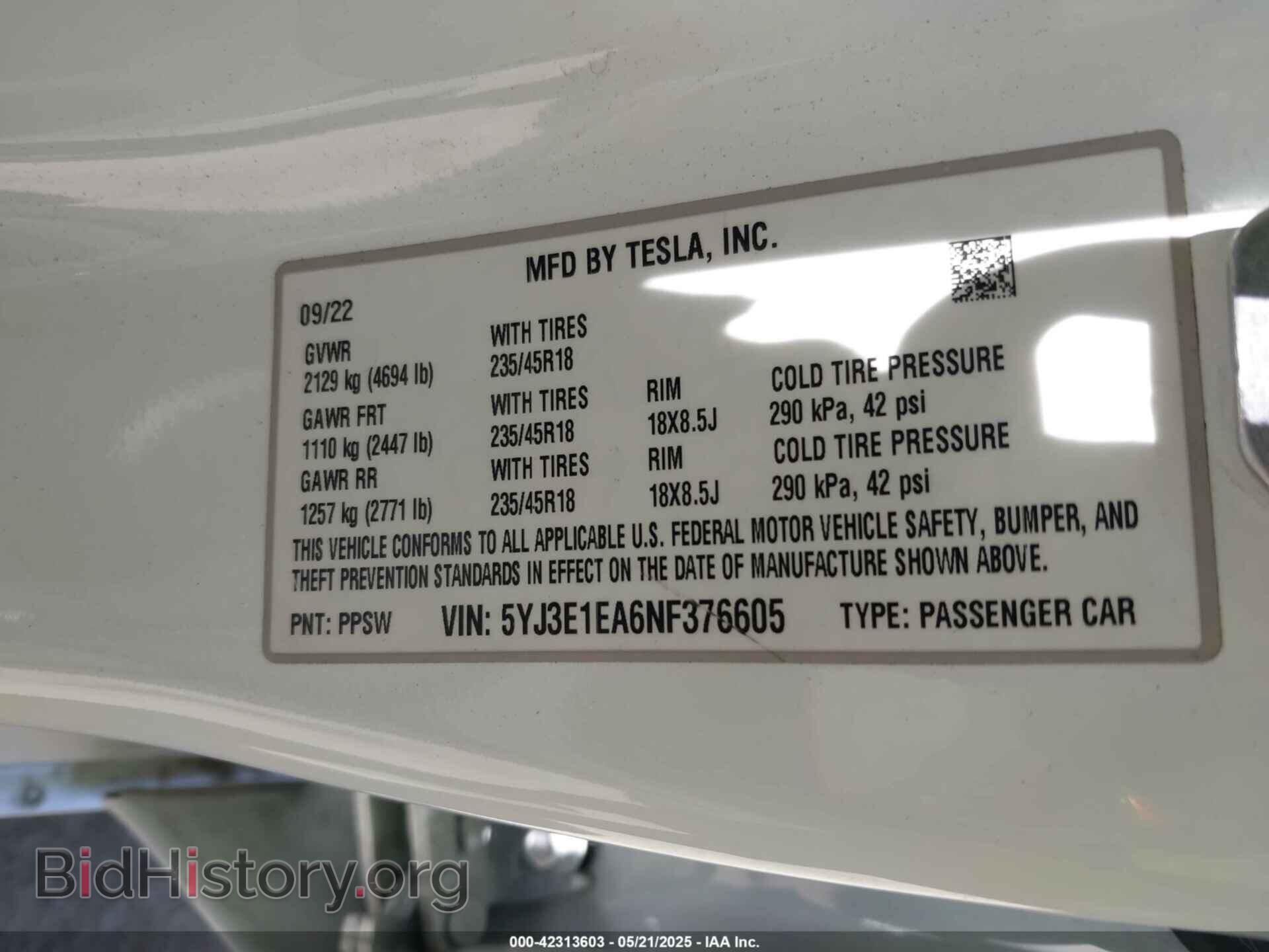 2022 TESLA MODEL 3 - VIN: 5YJ3E1EA6NF376605 - Фото 9