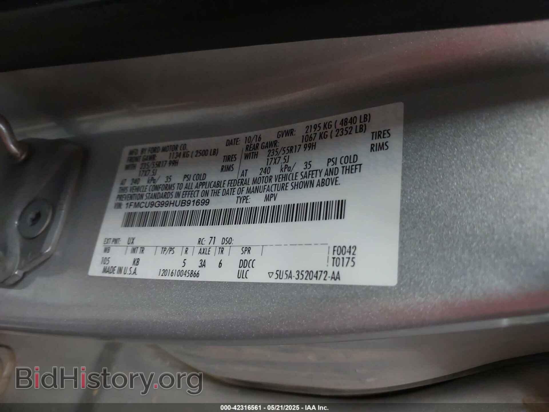 2017 FORD ESCAPE - VIN: 1FMCU9G99HUB91699 - Фото 9