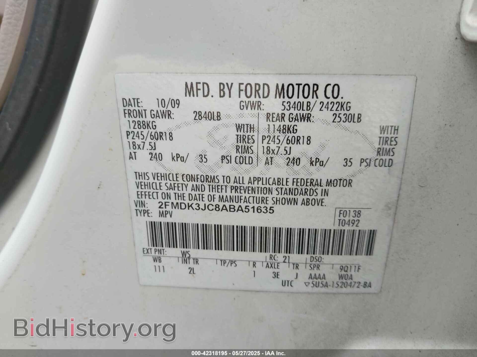 2010 FORD EDGE - VIN: 2FMDK3JC8ABA51635 - Фото 9