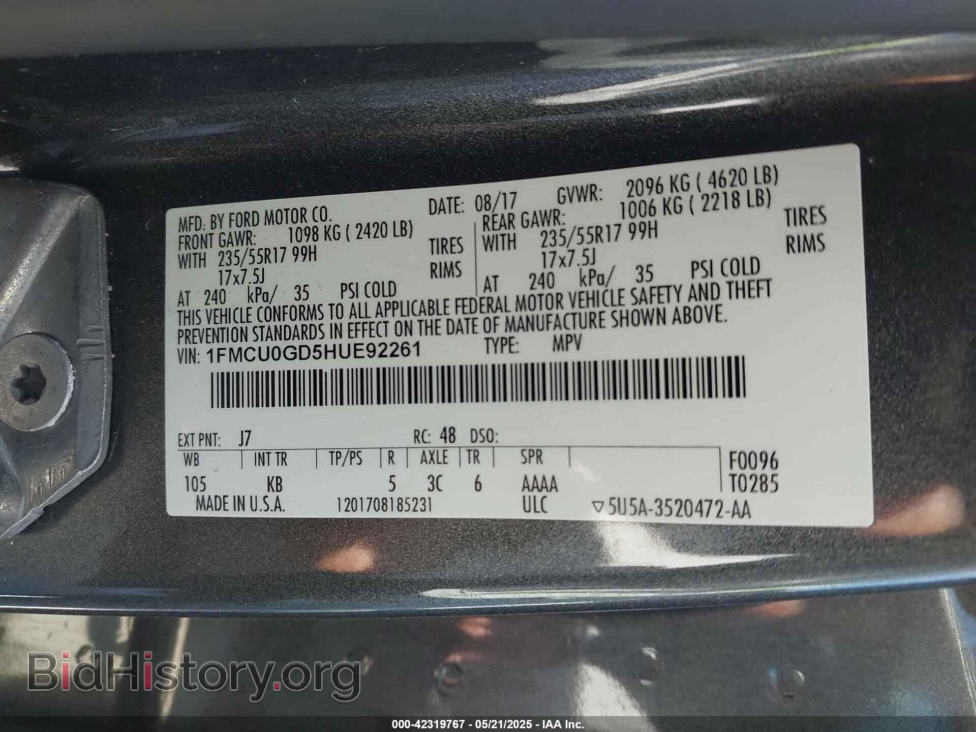 2017 FORD ESCAPE - VIN: 1FMCU0GD5HUE92261 - Фото 9