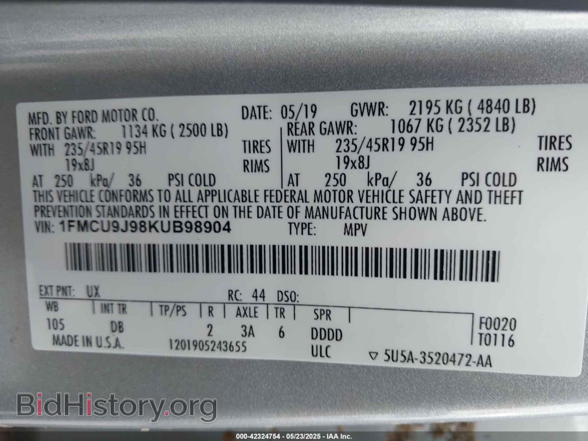 2019 FORD ESCAPE - VIN: 1FMCU9J98KUB98904 - Фото 9