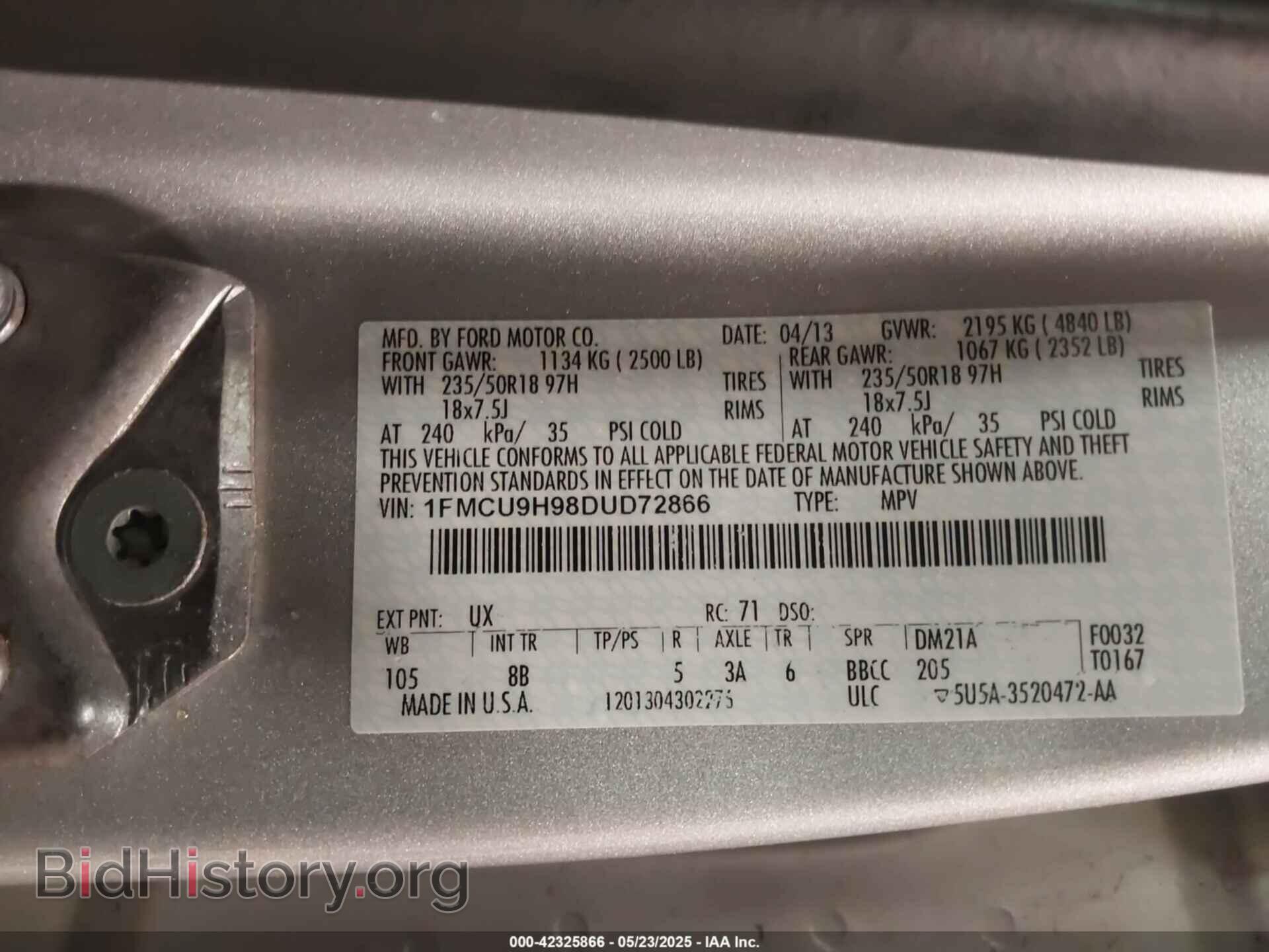 2013 FORD ESCAPE - VIN: 1FMCU9H98DUD72866 - Фото 9