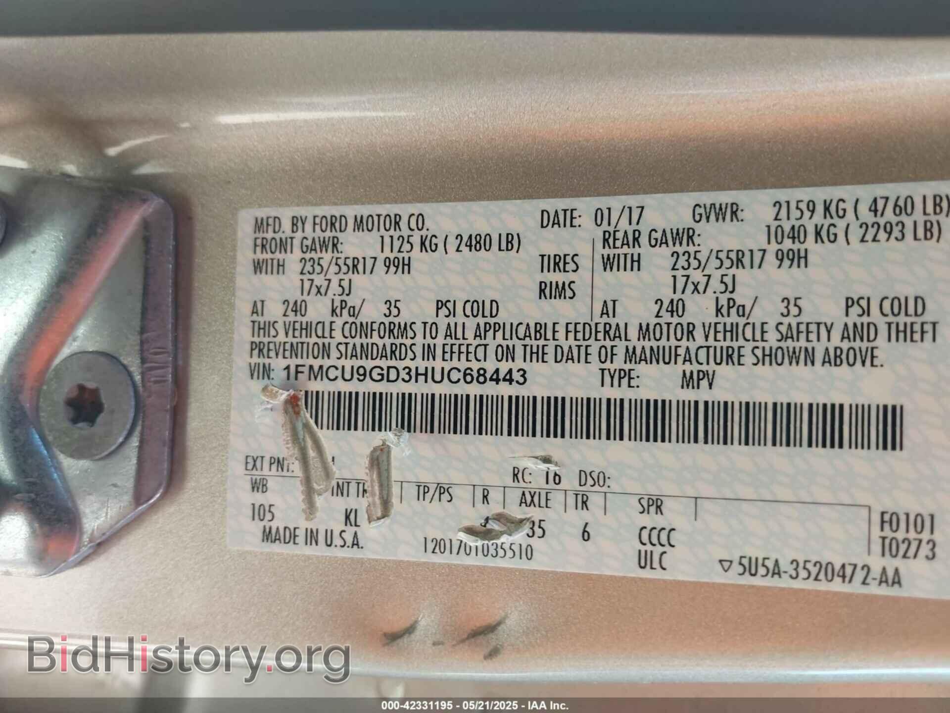 2017 FORD ESCAPE - VIN: 1FMCU9GD3HUC68443 - Фото 9