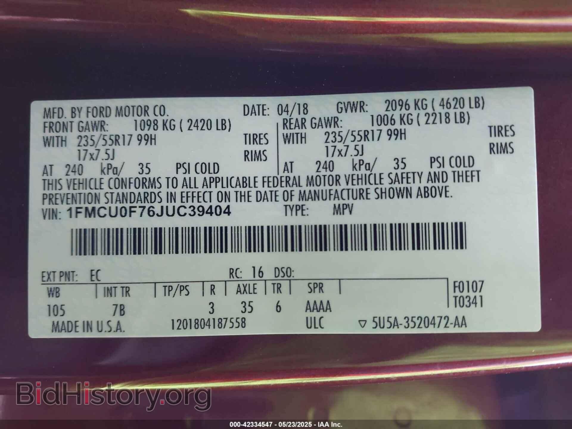 2018 FORD ESCAPE - VIN: 1FMCU0F76JUC39404 - Фото 9