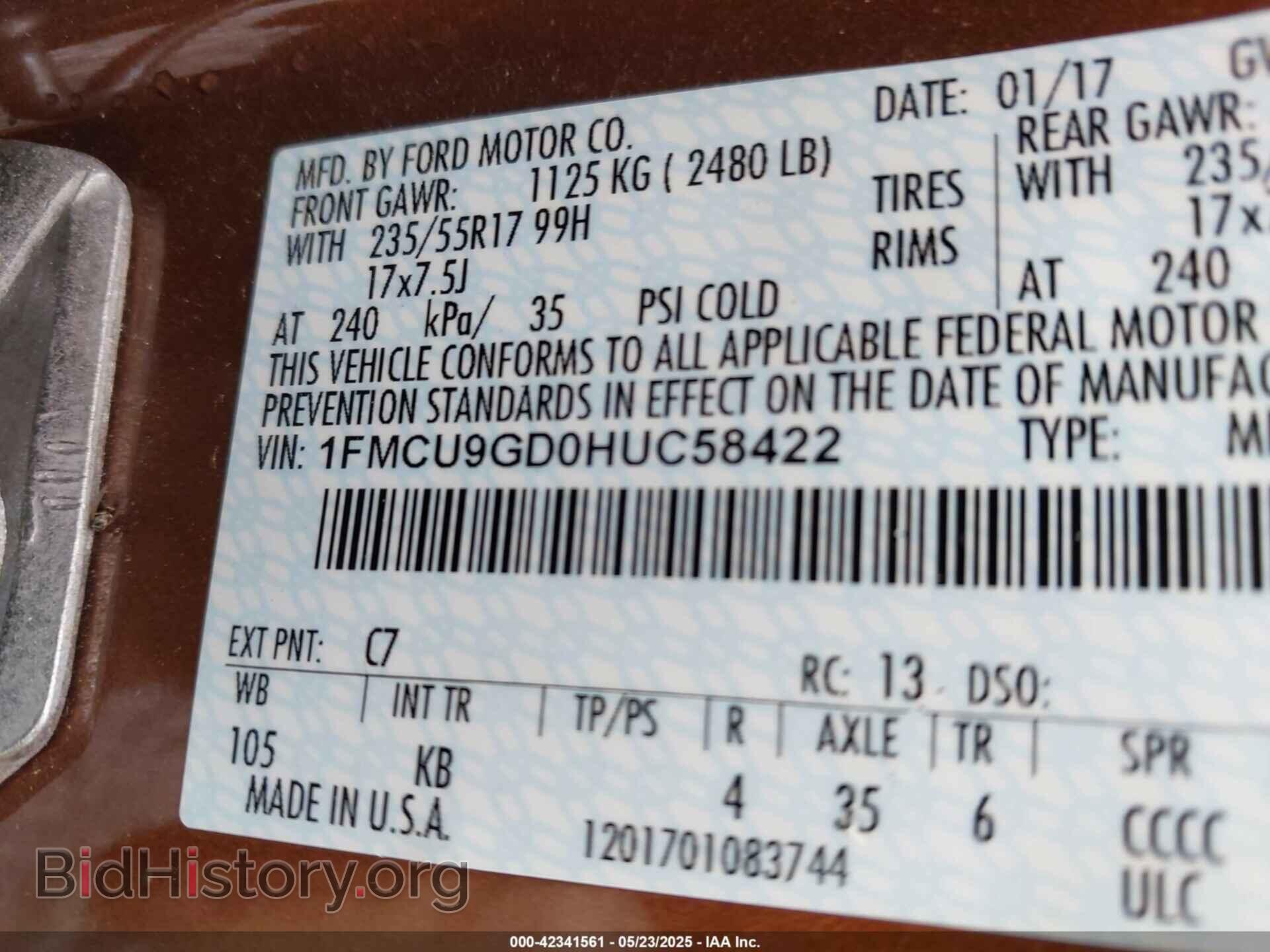 2017 FORD ESCAPE - VIN: 1FMCU9GD0HUC58422 - Фото 9