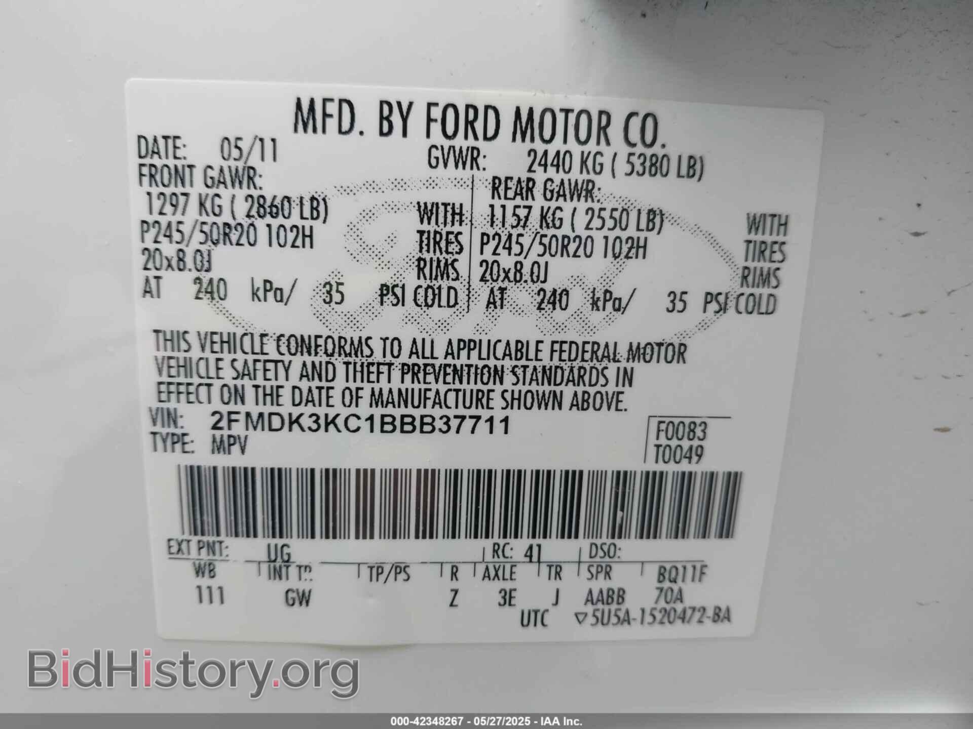 2011 FORD EDGE - VIN: 2FMDK3KC1BBB37711 - Фото 9