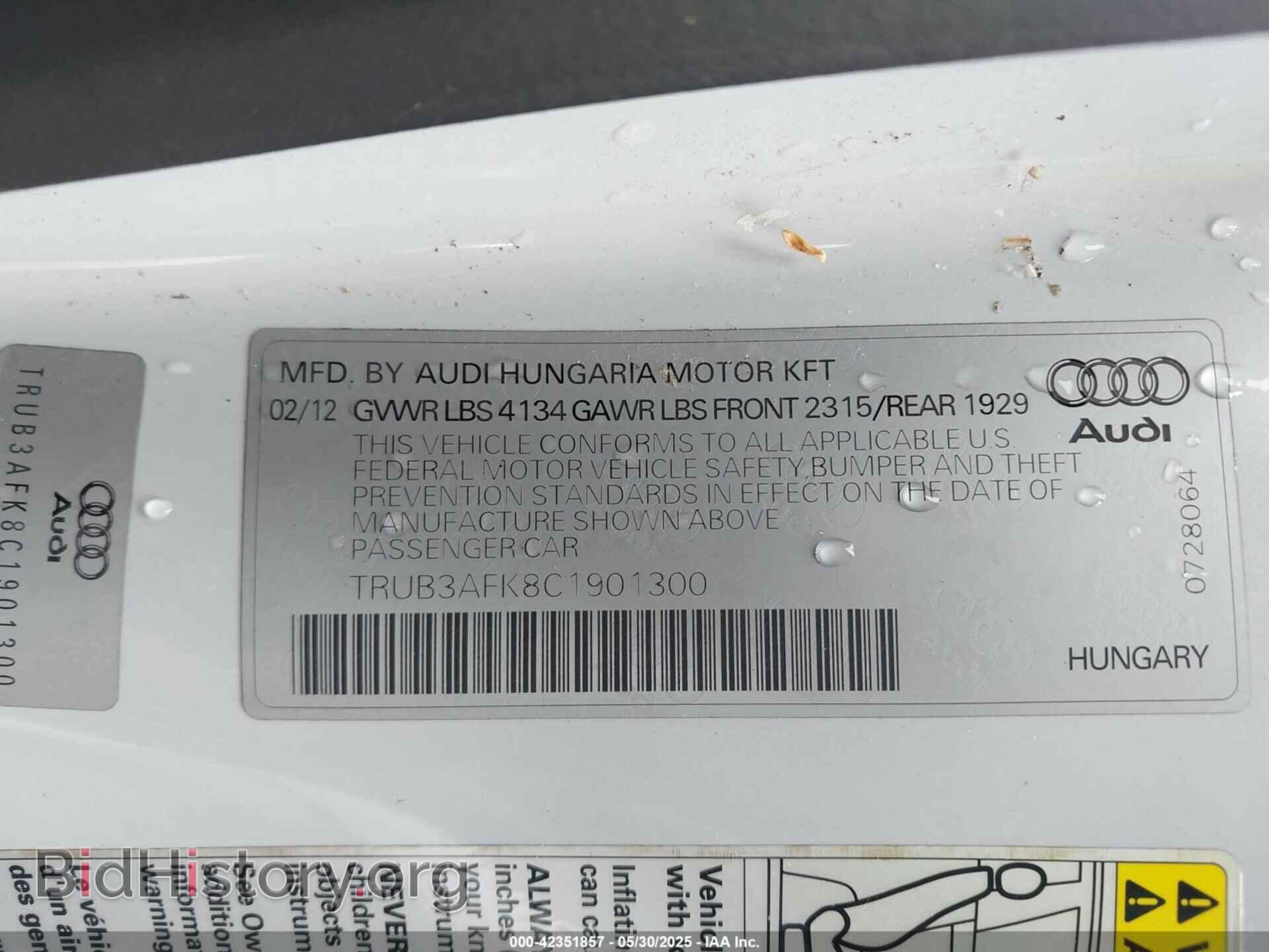 2012 AUDI TT RS - VIN: TRUB3AFK8C1901300 - Photo 9