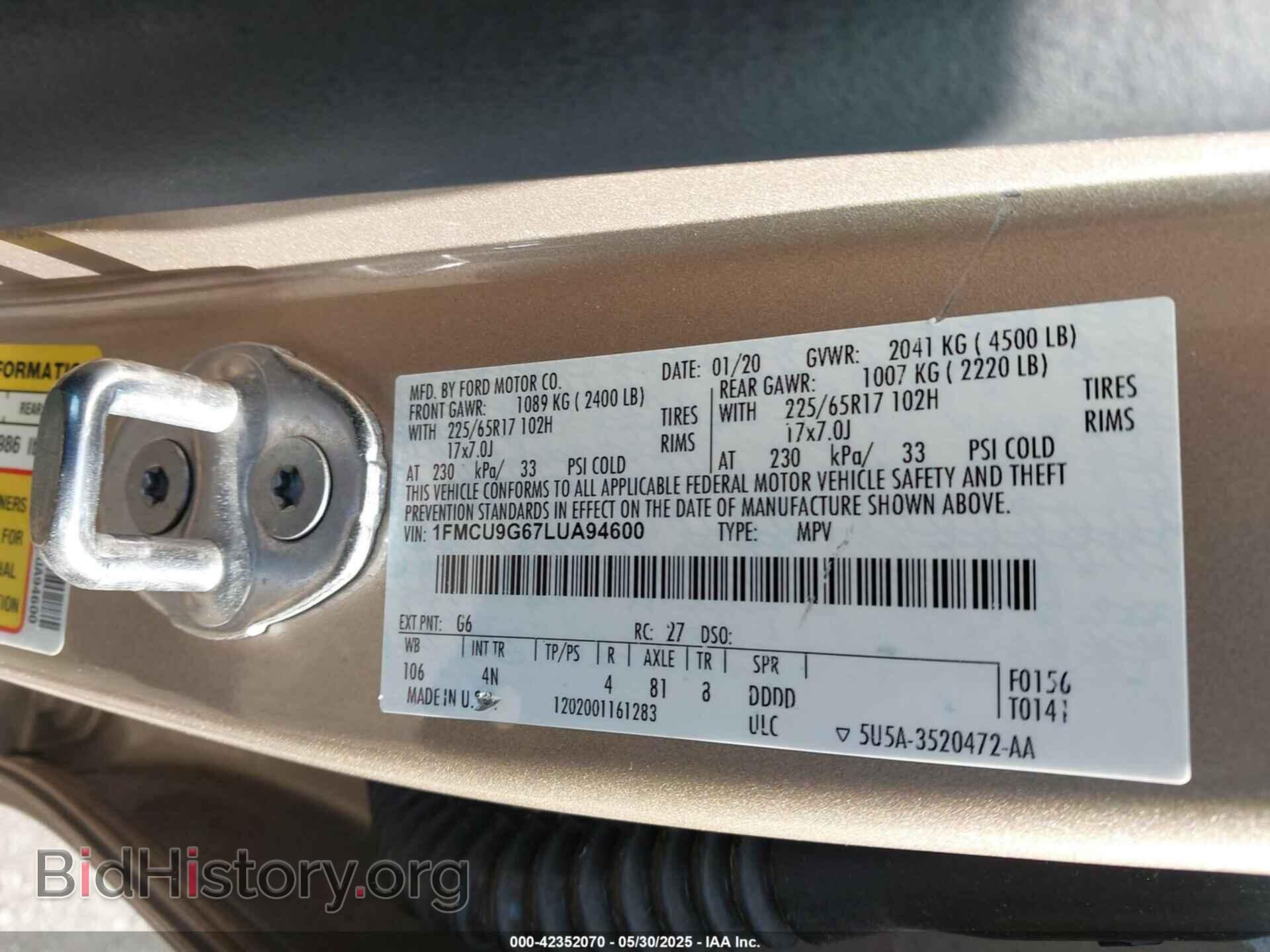 2020 FORD ESCAPE - VIN: 1FMCU9G67LUA94600 - Photo 9