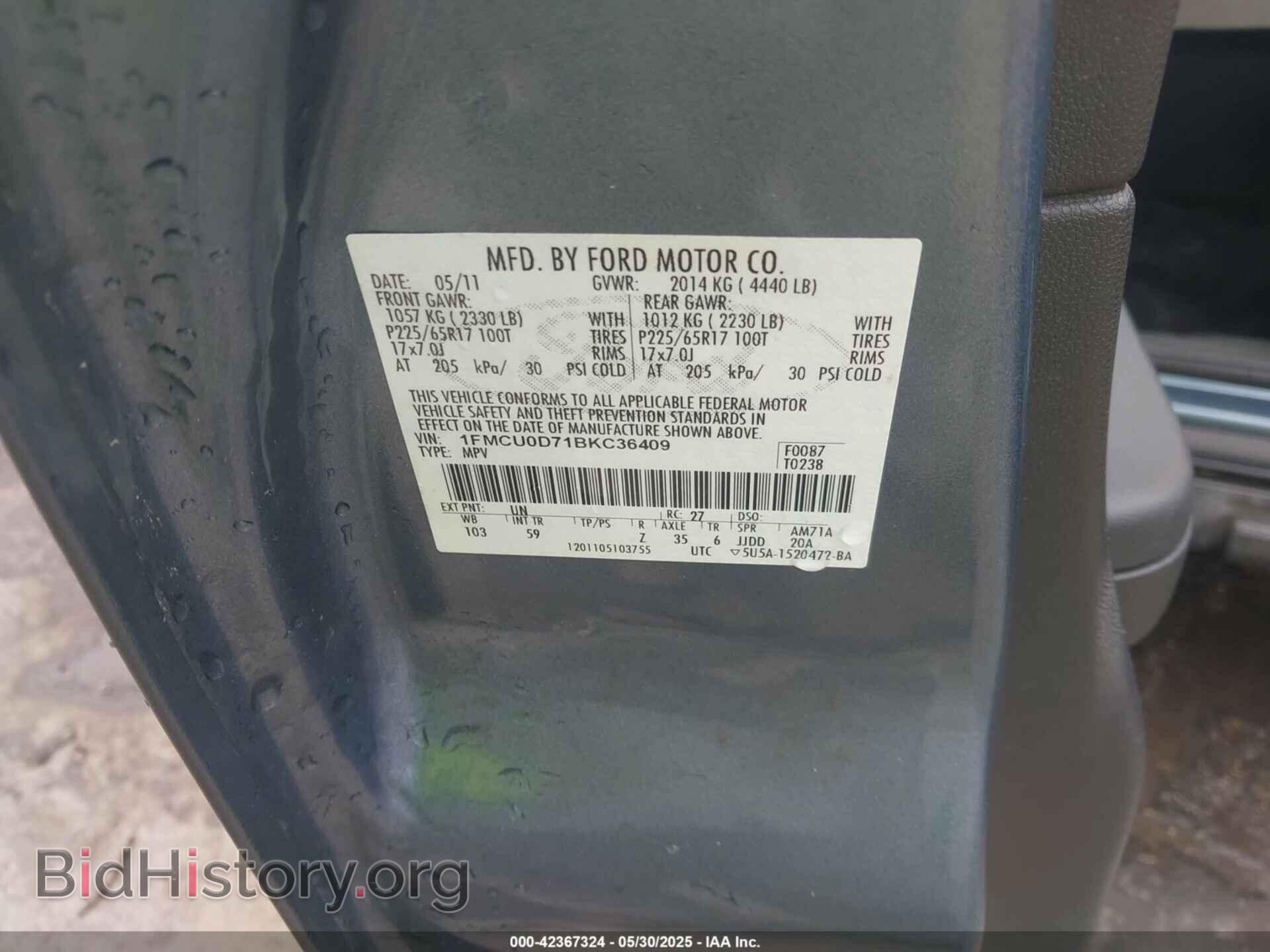 2011 FORD ESCAPE - VIN: 1FMCU0D71BKC36409 - Фото 9