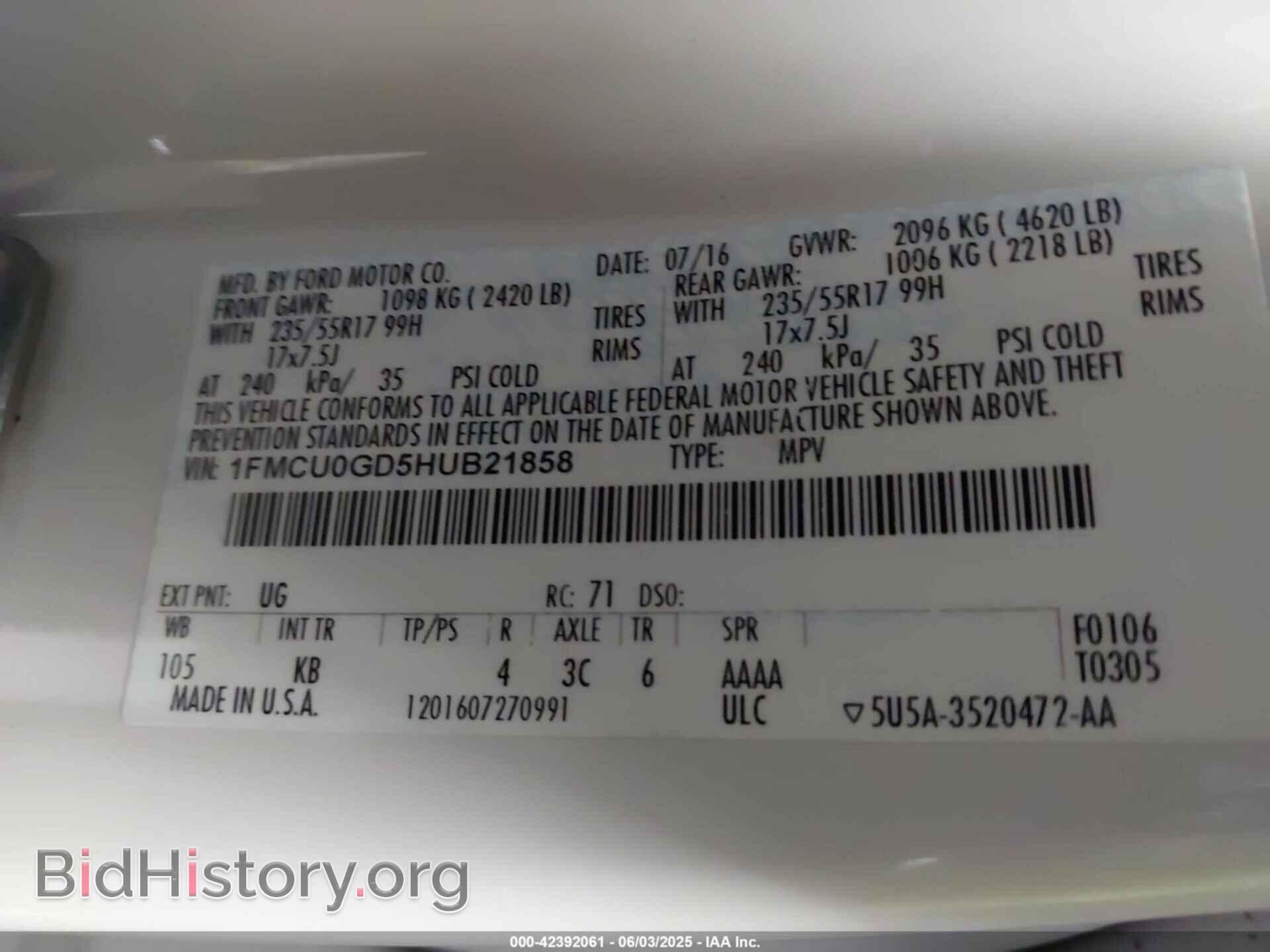 2017 FORD ESCAPE - VIN: 1FMCU0GD5HUB21858 - Фото 9