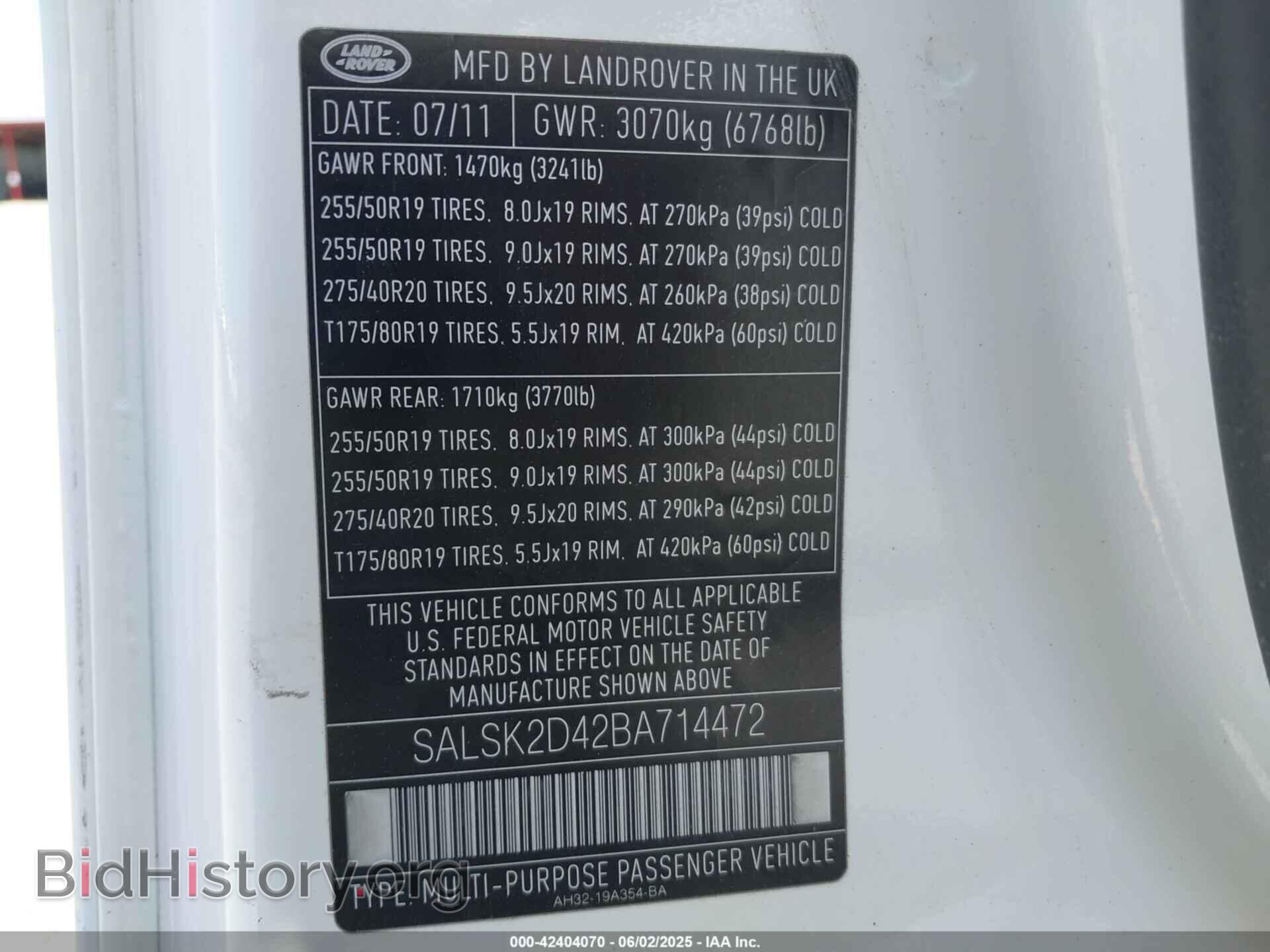 2011 LAND ROVER RANGE ROVER SPORT - VIN: SALSK2D42BA714472 - Фото 9