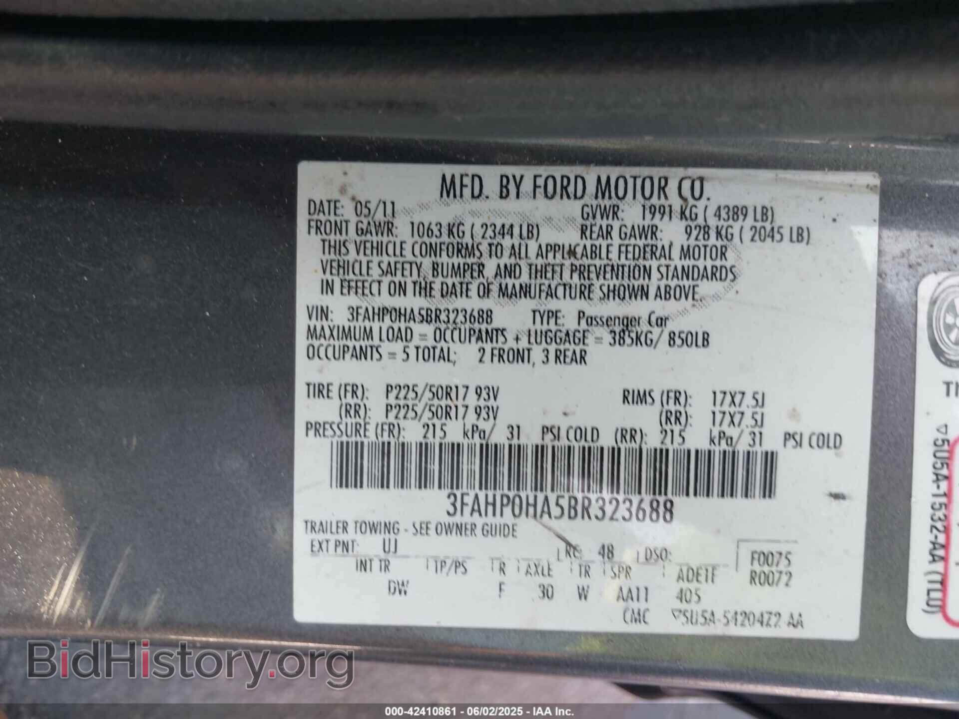 2011 FORD FUSION - VIN: 3FAHP0HA5BR323688 - Фото 9