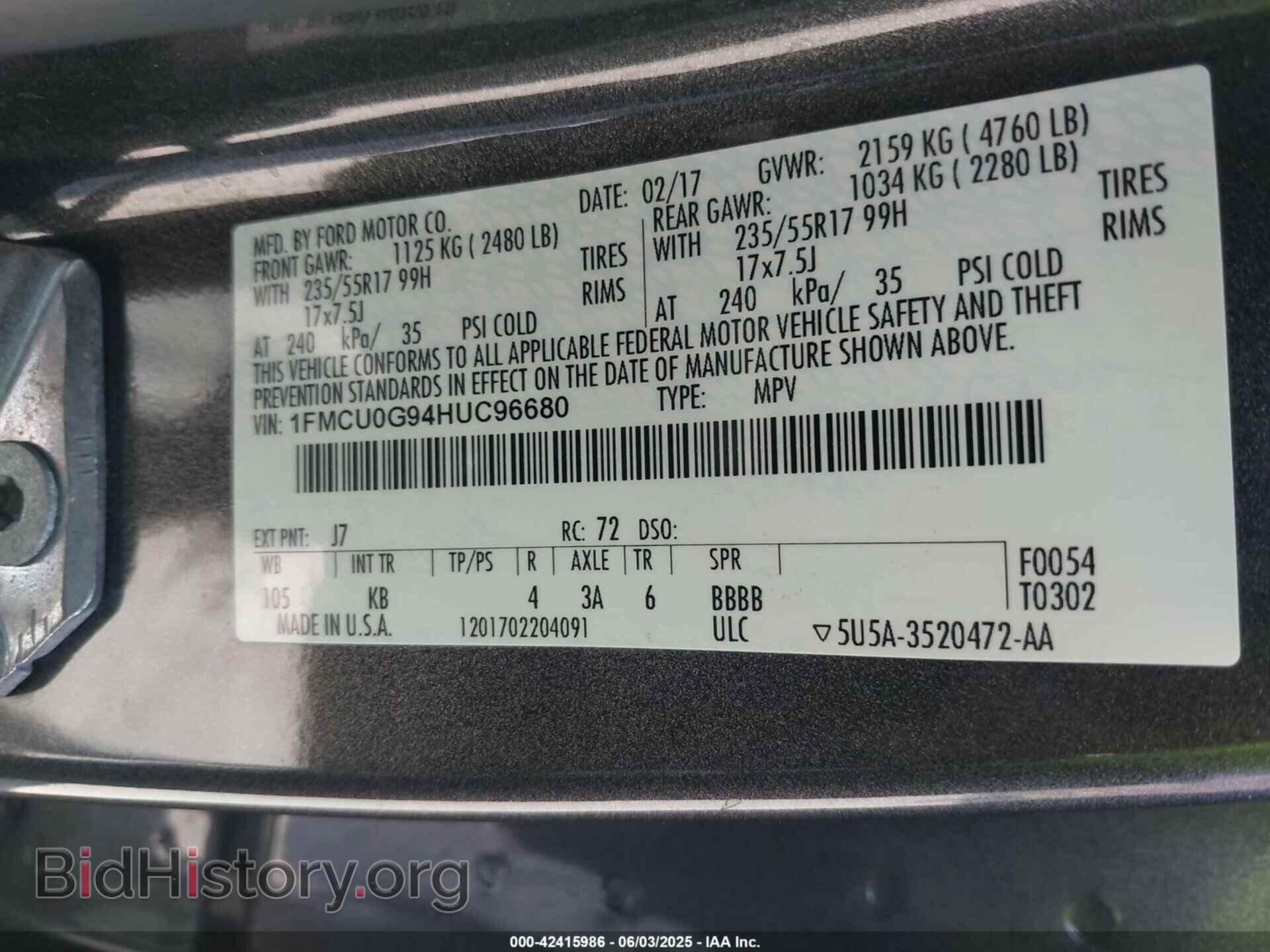 2017 FORD ESCAPE - VIN: 1FMCU0G94HUC96680 - Фото 9