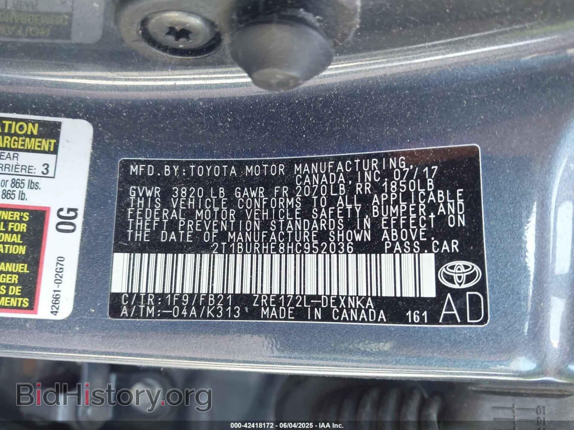 2017 TOYOTA COROLLA - VIN: 2T1BURHE8HC952036 - Фото 9