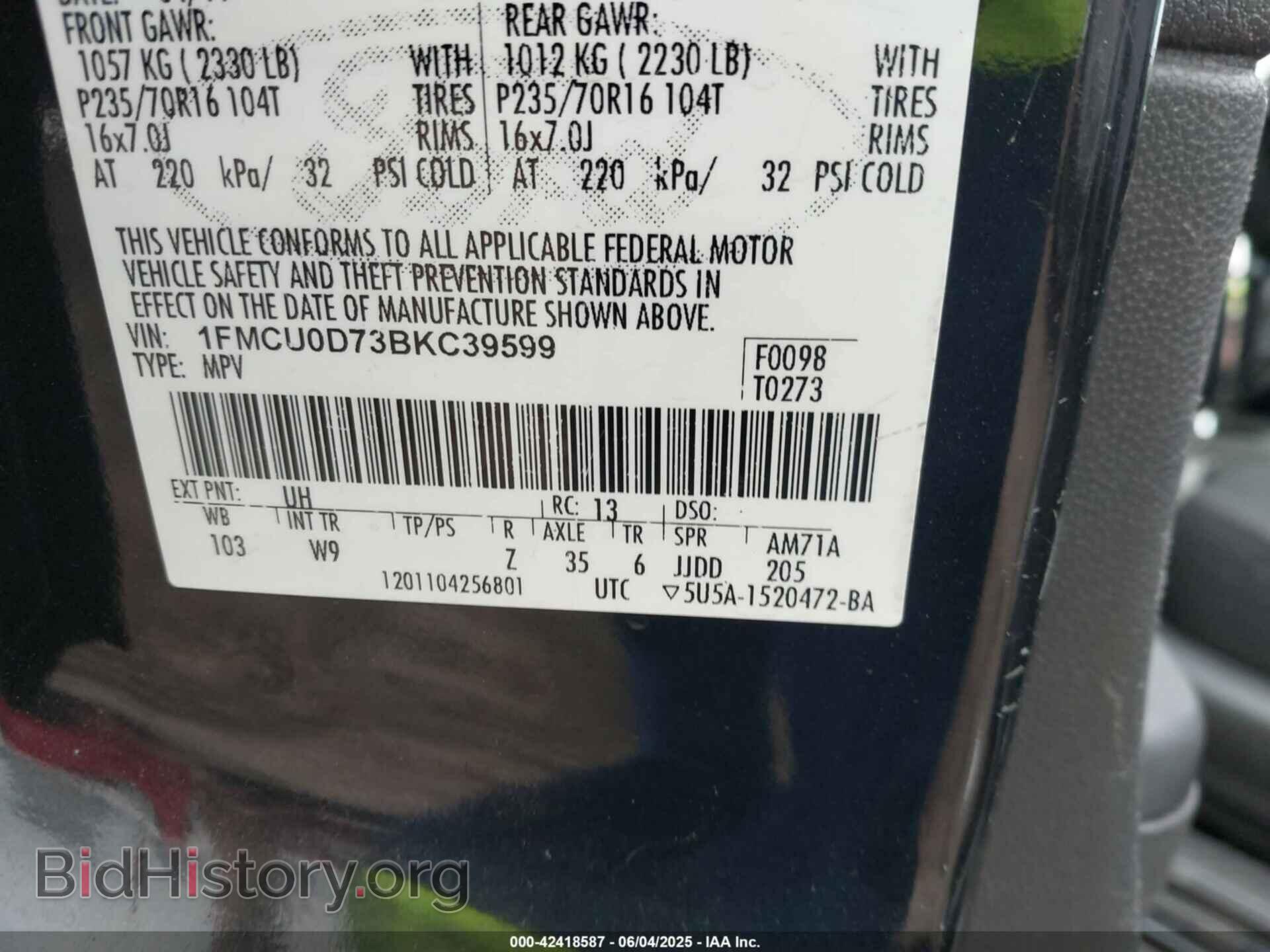 2011 FORD ESCAPE - VIN: 1FMCU0D73BKC39599 - Фото 9